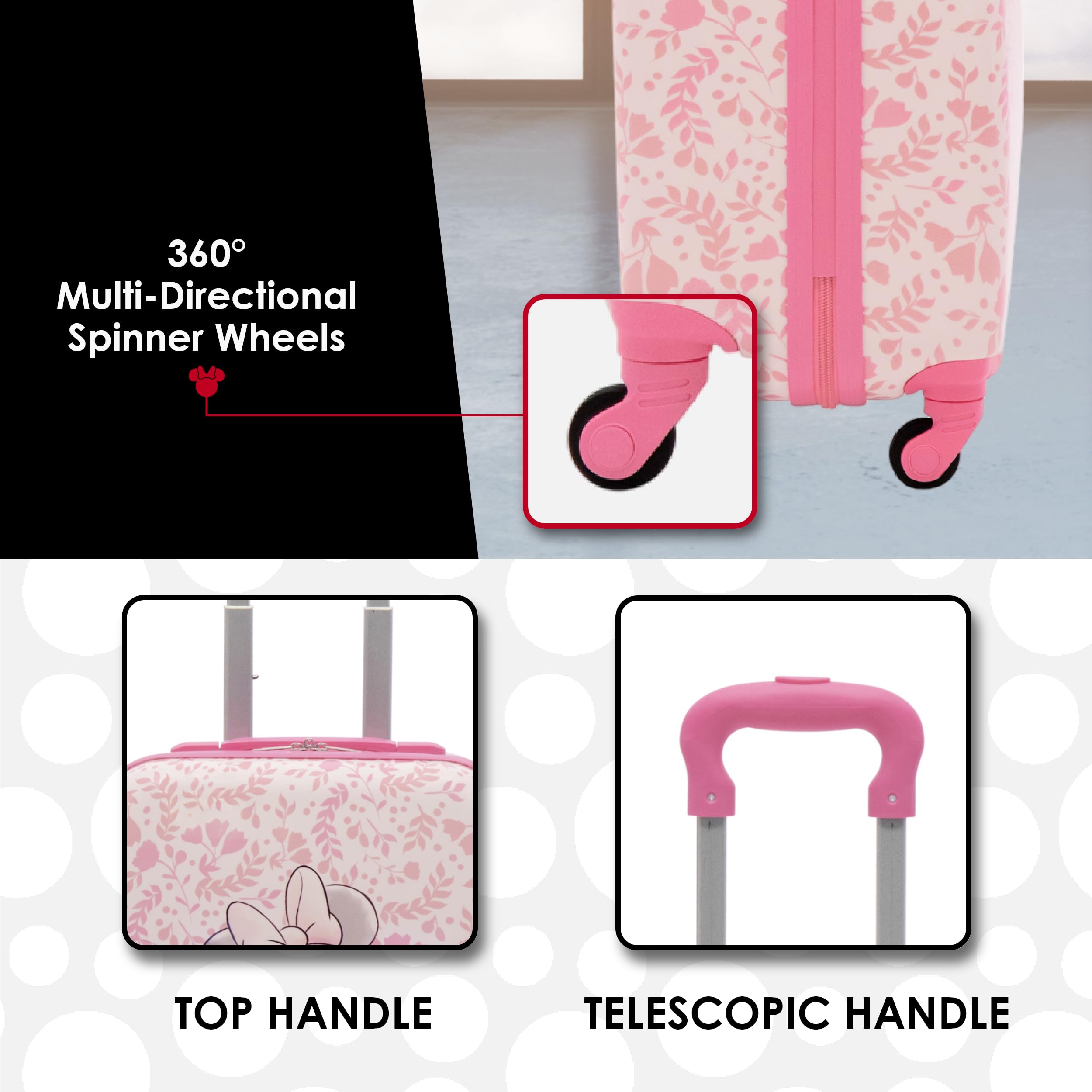 Disney Minnie Mouse 21 Inch Hardshell Spinner Luggage - Pink Floral Rolling Carry On Suitcase for Kids & Teens | Perfect for Air Travel, School Trips & Family Vacations