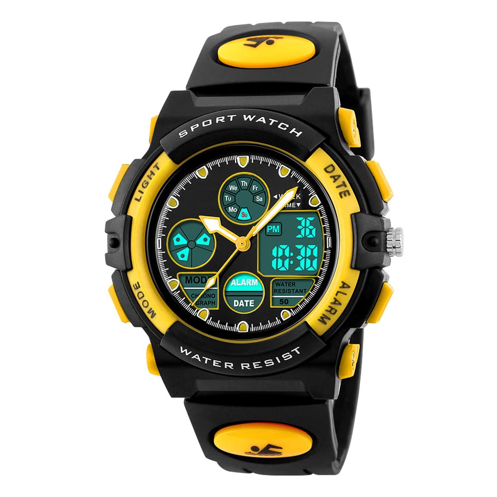 PASNEW Kids Sports Watch for Boys - Waterproof LED Digital Watch with 50M Water Resistance, Alarm, Calendar & Luminous Yellow Dial - Perfect for Outdoor Activities, Swimming & School Use