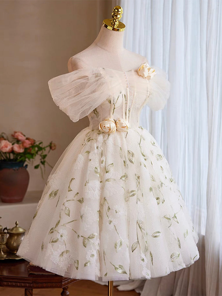 Elegant A-Line Tulle Off-Shoulder Lace Light Champagne Short Prom Dress - Cute Homecoming Party Dress for Teens & Juniors - Perfect for Prom Night, Homecoming Dance, Sweet 16 Party & Formal Events