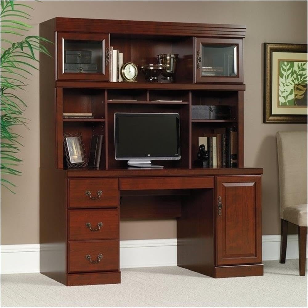 Pemberly Row Traditional Wood Computer Desk Credenza in Classic Cherry - Home Office Furniture for Work & Study, Perfect for Desktops, Laptops & Storage
