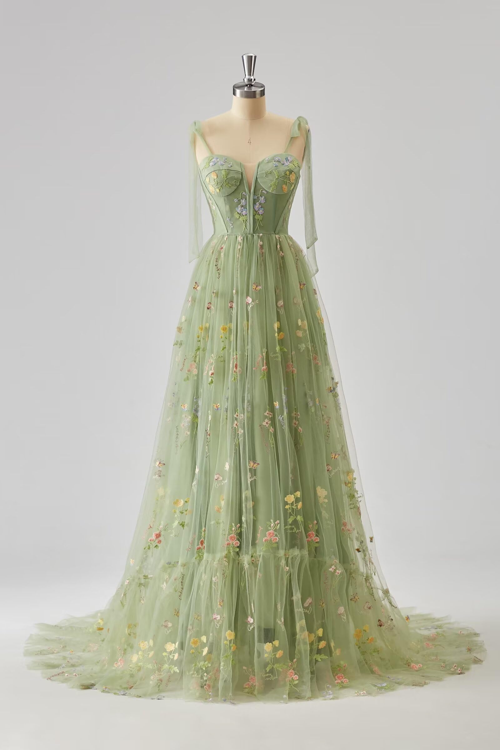 Basgute Women's Floral Embroidery Tulle Prom Dress - Corset Long Spaghetti Strap Fairy Ruched Formal Evening Gown for Homecoming, Wedding Guest & Special Occasions