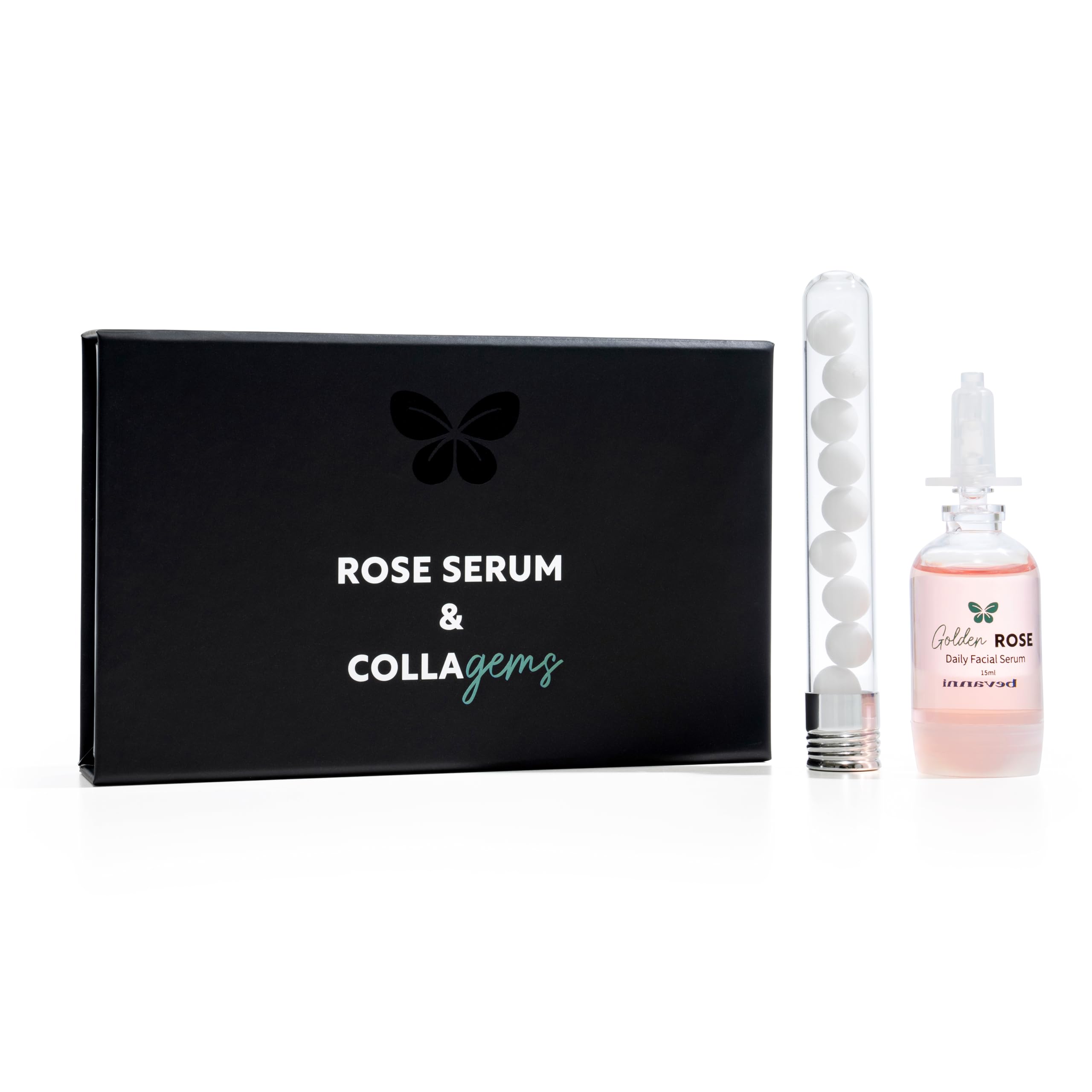 Golden ROSE Serum with CollaGEMS - Pure Rose Essential Oil Infused with Colloidal Gold, Hyaluronic Acid & Vitamin C + Collagen Balls - Anti-Aging Face Serum for Skin Firming, Brightening & Hydration | Daily Skincare Routine for Glowing Complexion