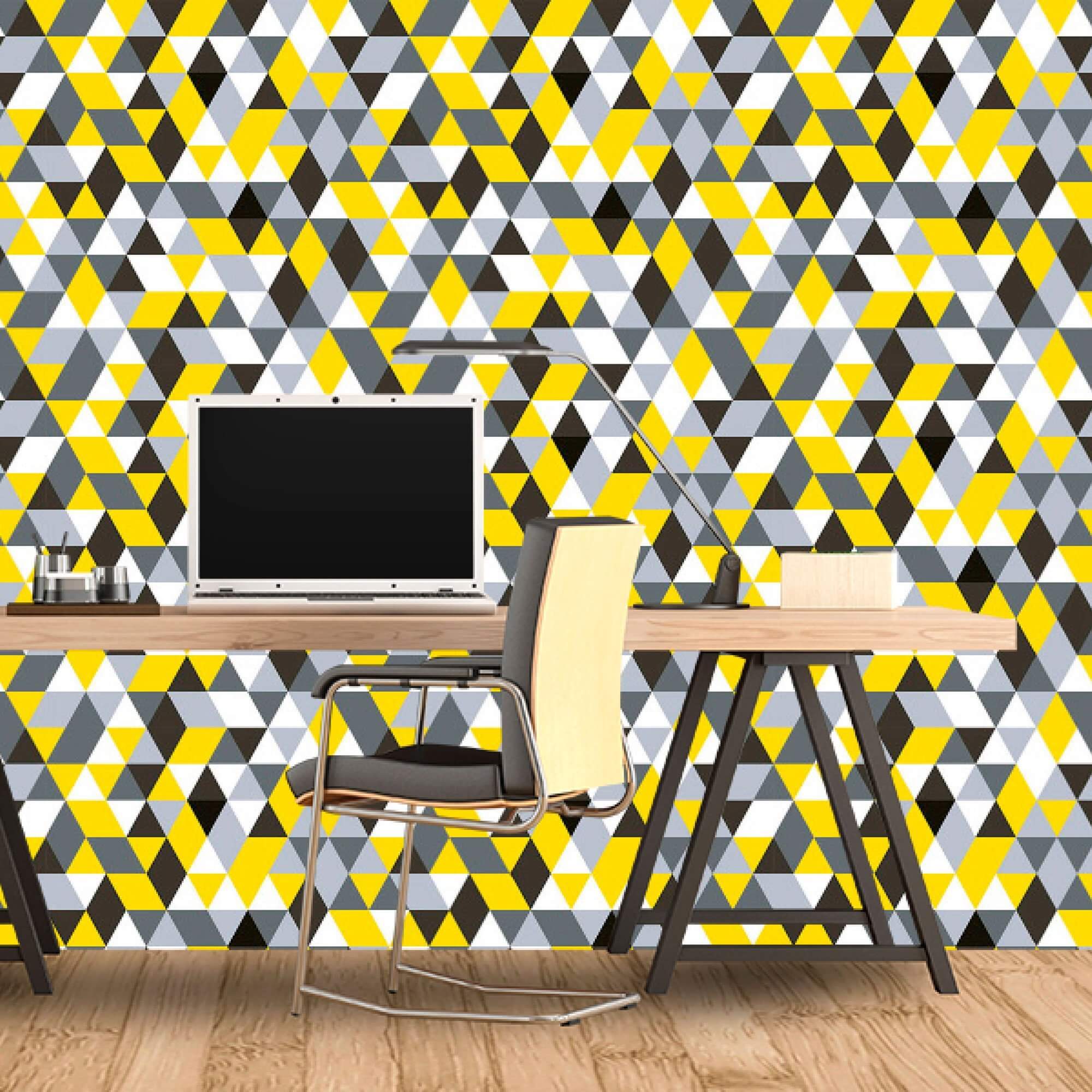 Yellow and Grey Geometric Triangle Peel and Stick Removable Wallpaper - Self-Adhesive Decorative Wall Covering for Bedroom, Living Room, Nursery, or Office Decor