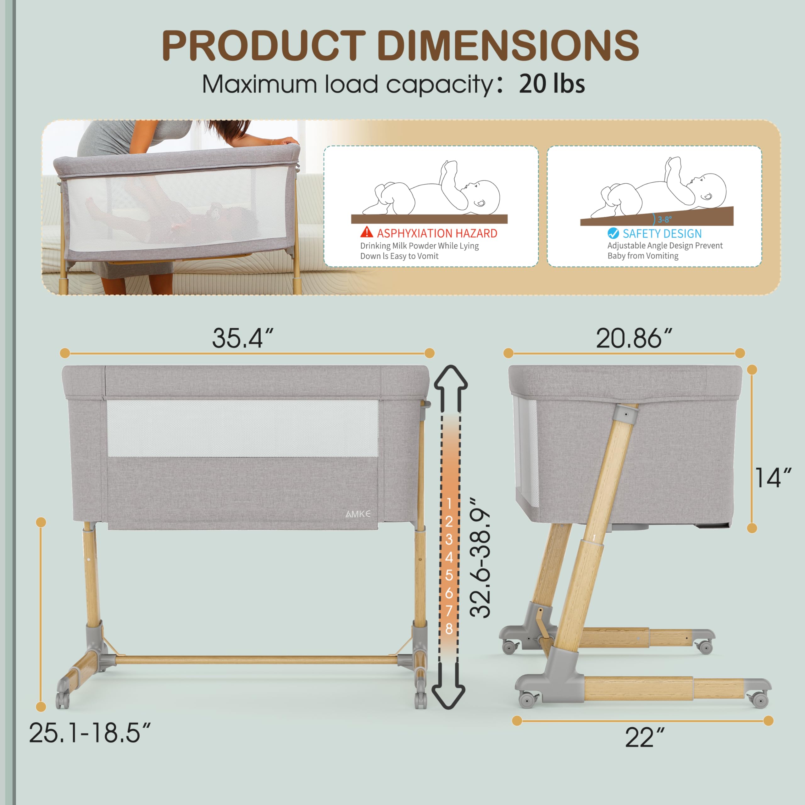 AMKE Baby Bassinets - Breathable Mesh Bedside Sleeper for Newborns & Infants | Portable, Adjustable Crib for Safe Co-Sleeping | Nursery & Bedroom Essential (Wood Grain Gray) | Perfect for Nighttime Feeding & Soothing Baby