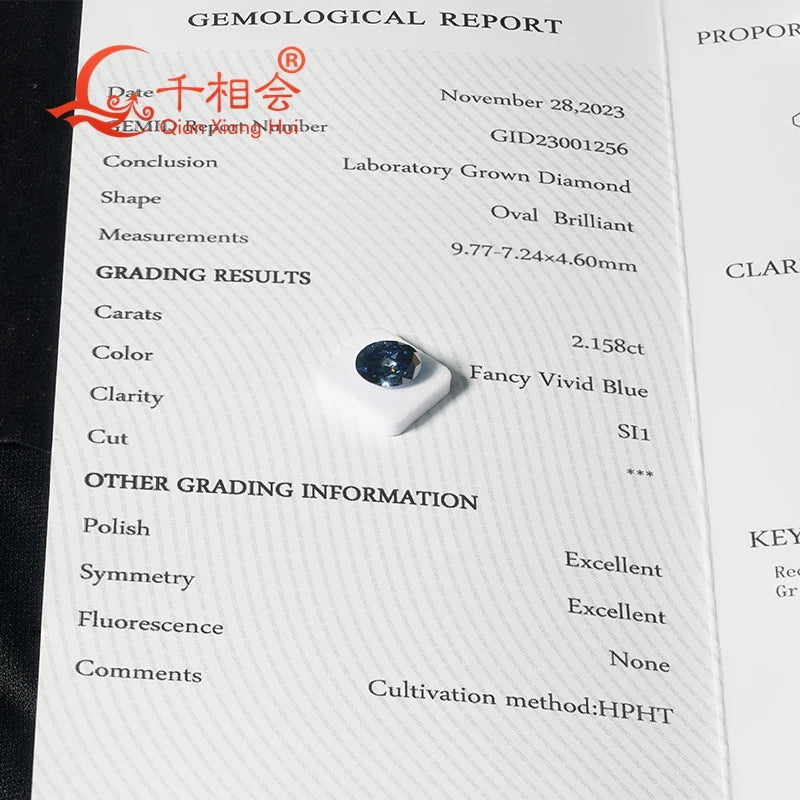 1.3ct VS 2.1ct Oval HPHT Lab-Grown Diamond - Fancy Vivid Blue Sapphire Color, GEMID Certified Loose Stone for Engagement Rings & Fine Jewelry Making