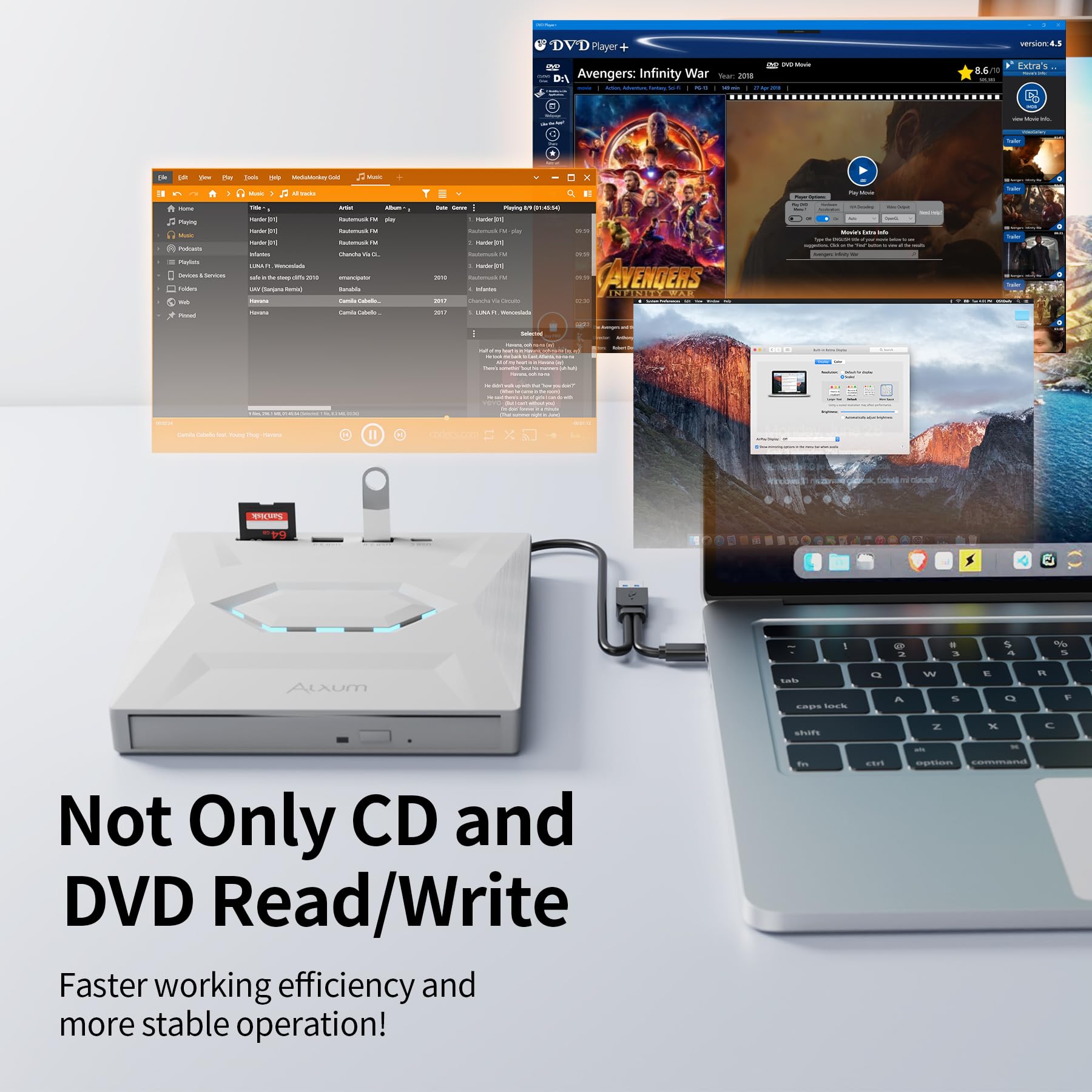 Alxum External USB DVD Drive - USB 3.0 & Type-C CD/DVD Burner with SD Card Slot & Extra USB Ports | 8X DVD & 24X CD Super Fast Speed | Compatible with Laptop, PC, Windows, Mac OS, Linux, Vista | Perfect for Watching Movies, Burning CDs, Data Backup & File Transfer