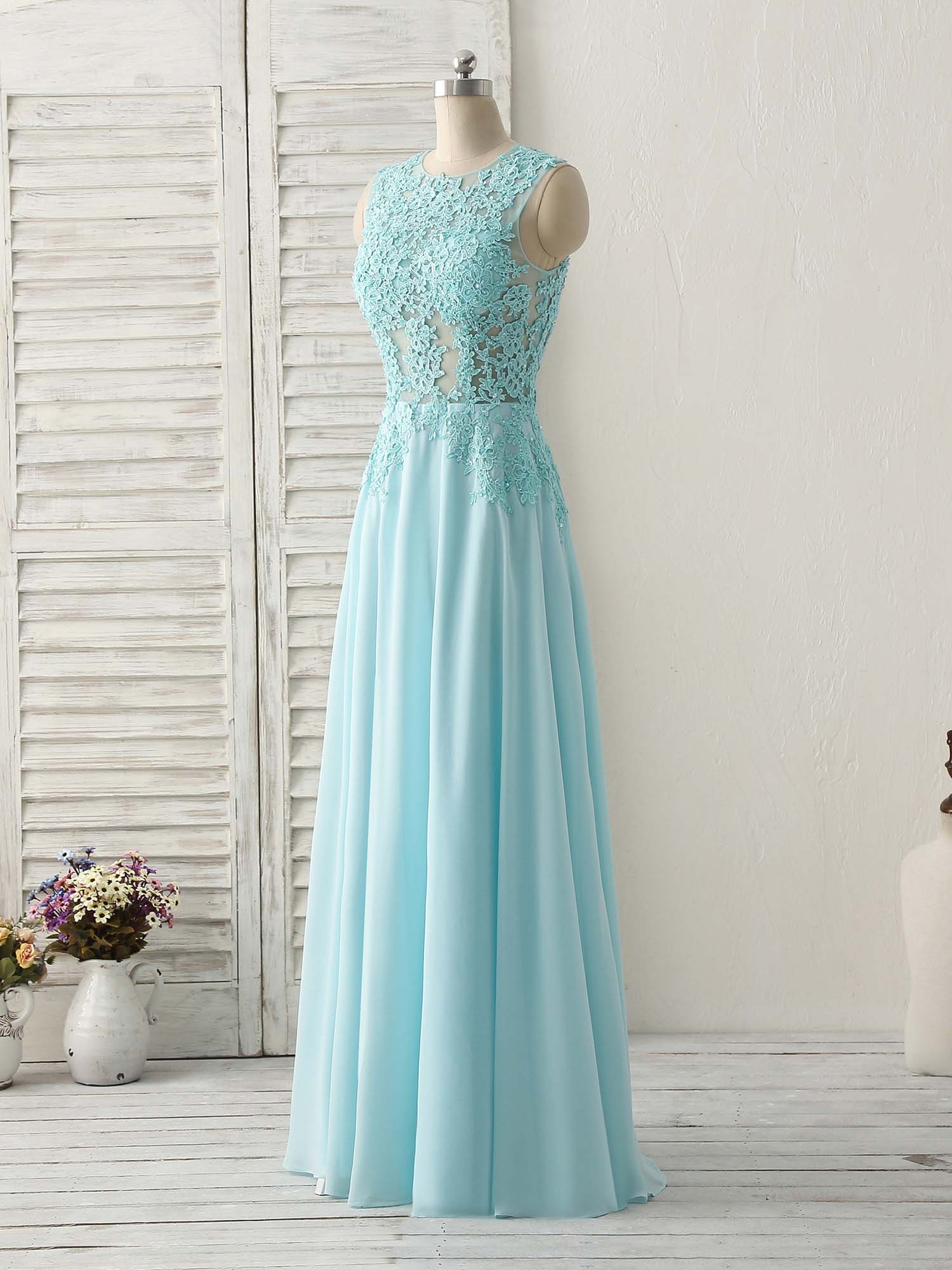 Elegant Blue Round Neck Lace Chiffon Long Prom Dress - Formal Evening Gown for Women | Perfect for Homecoming, Ball, Wedding & Special Occasions