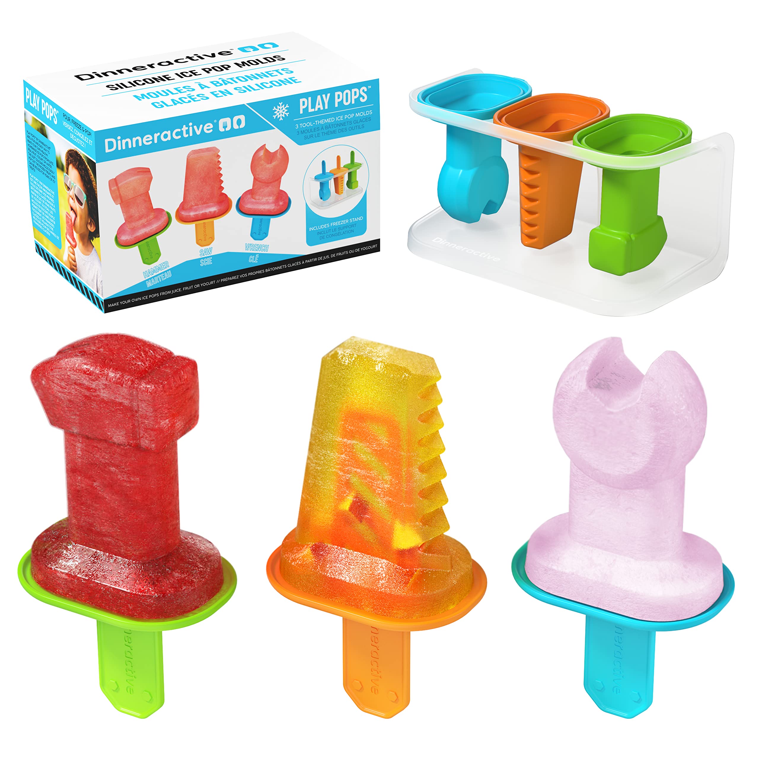 Dinneractive Play Pop Popsicle Molds - 3 Piece Tool Themed Set - Reusable Silicone Ice Pop Molds for Kids DIY Treats - Perfect for Birthday Parties, Summer Snacks & Family Fun Activities