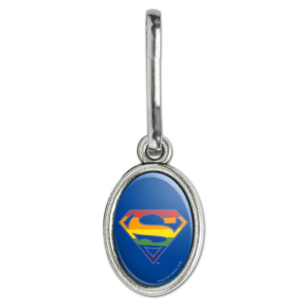 Superman Rainbow Shield Logo Antique Oval Charm - Zipper Pull Aid for Clothes, Purse, Suitcase & Backpack | DC Comics Collectible Accessory for Fans & Cosplay