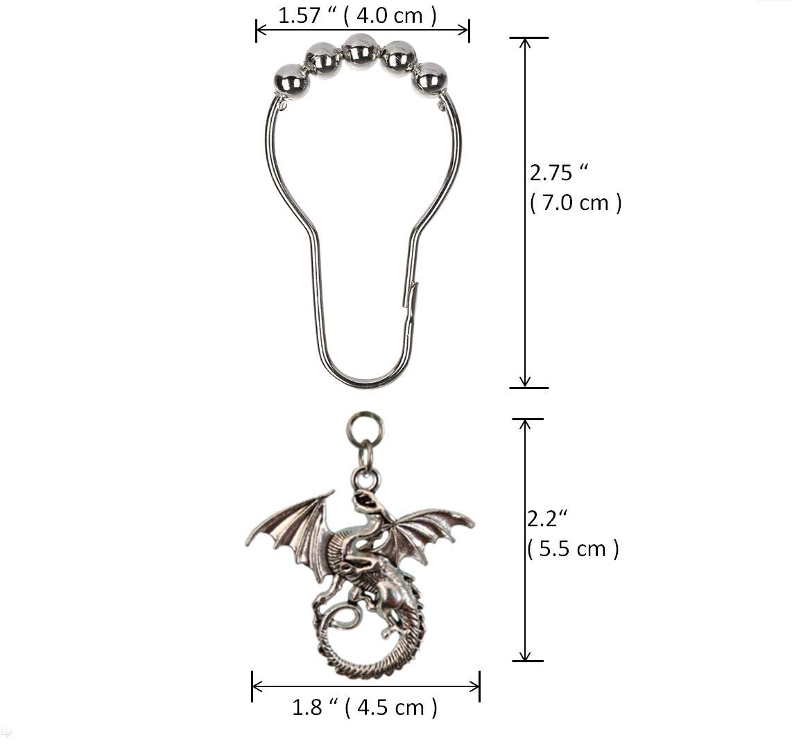 Antique Silver Dragon Shower Curtain Hooks Rings - Decorative Bathroom Accessories Set for Kids & Baby Rooms - Forest Country Village Theme - Perfect for Nursery, Bathroom Decor and Themed Home Design