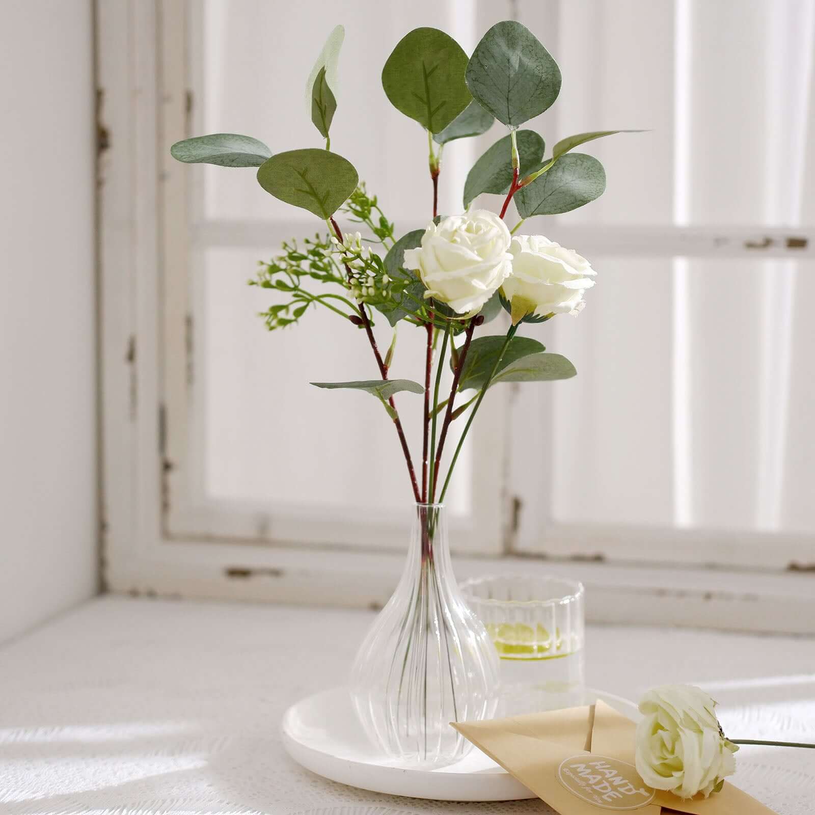 15 Ivory Artificial Silk Rose and Eucalyptus Flower Bouquet Arrangement - Elegant Home Decor, Wedding Centerpiece, Office Desk Decor, Party Table Decoration