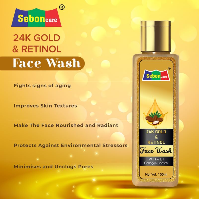 SebonCare Collagen Booster Face Wash with Retinol, 24K Gold & Hyaluronic Acid - Vitamin E Enriched for Brightening, Wrinkle Reduction & Radiant Glow (100ml) - Perfect for Daily Anti-Aging Skincare Routine