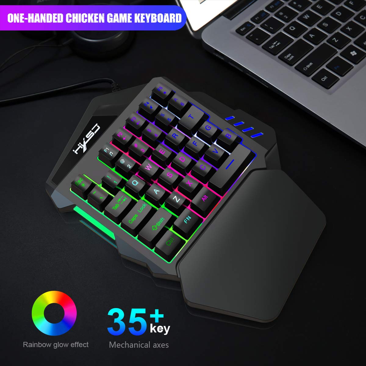 One-Handed RGB Gaming Keyboard - 35 Key Portable Mini Half Keypad with Wrist Rest | Mechanical Feel Ergonomic Game Controller for PC Gamers | Perfect for FPS, MMO & Esports Gaming