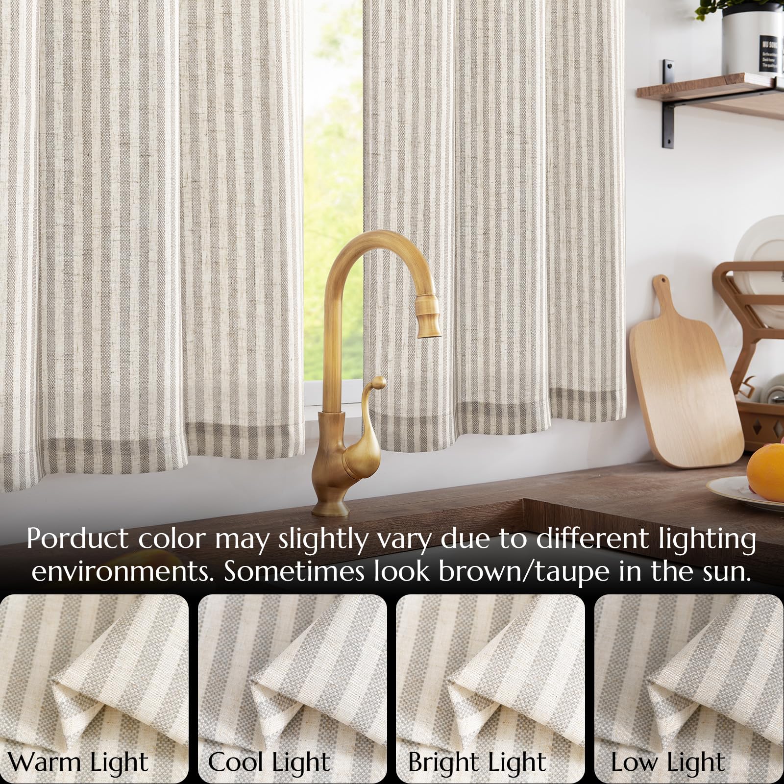 Jinchan 24 Inch Linen Kitchen Curtains - Striped Tier Window Drapes with Rod Pocket, Ticking Stripe Design for Farmhouse, Bathroom & Living Room | 2 Panels in Taupe | Perfect for Small Windows, Cafes & Rustic Home Decor