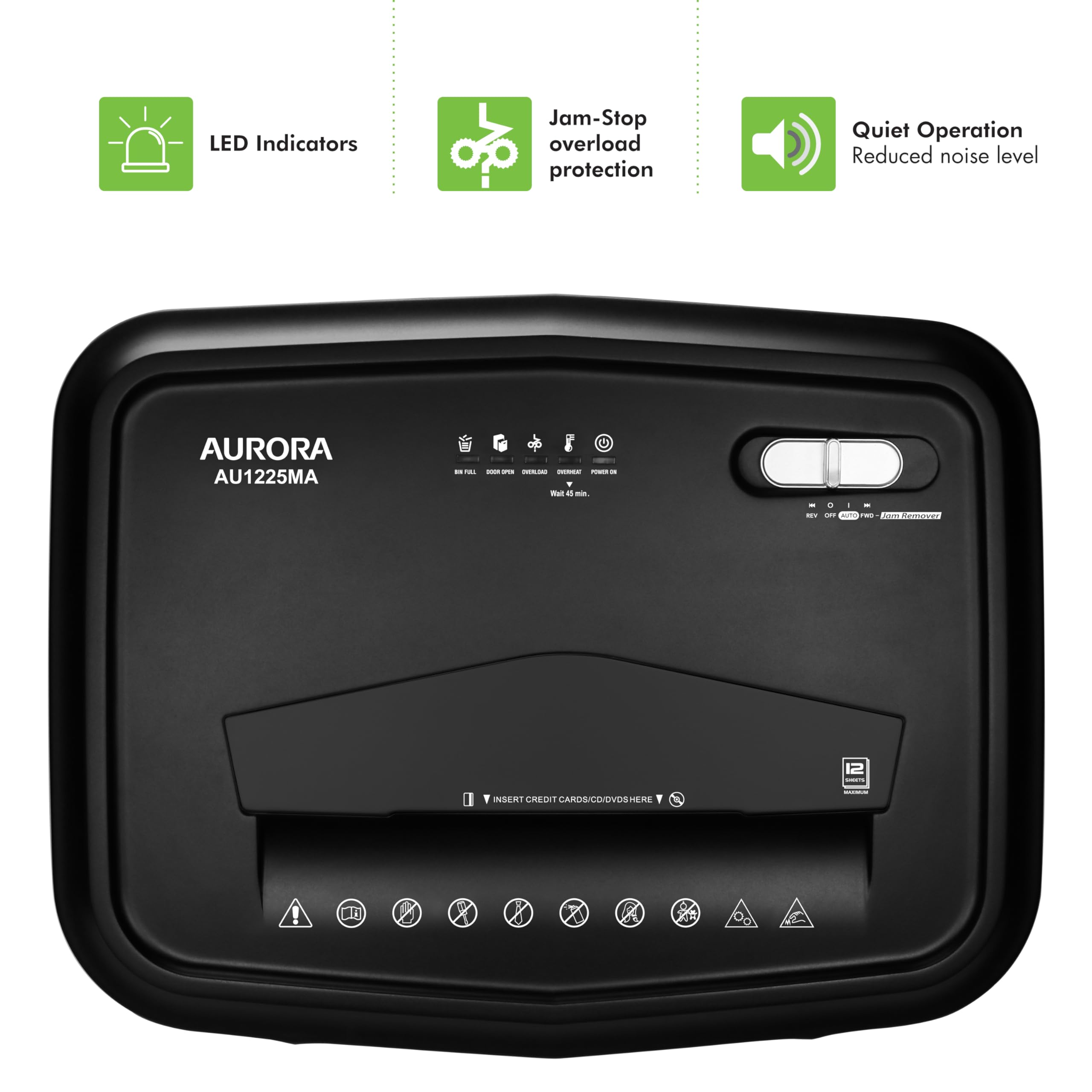 Aurora AU1225MA High-Security 12-Sheet Micro-Cut Paper Shredder with CD/Credit Card Slot - 5-Gallon Pullout Basket, 40-Minute Run Time - Perfect for Home Office & Small Business Document Security