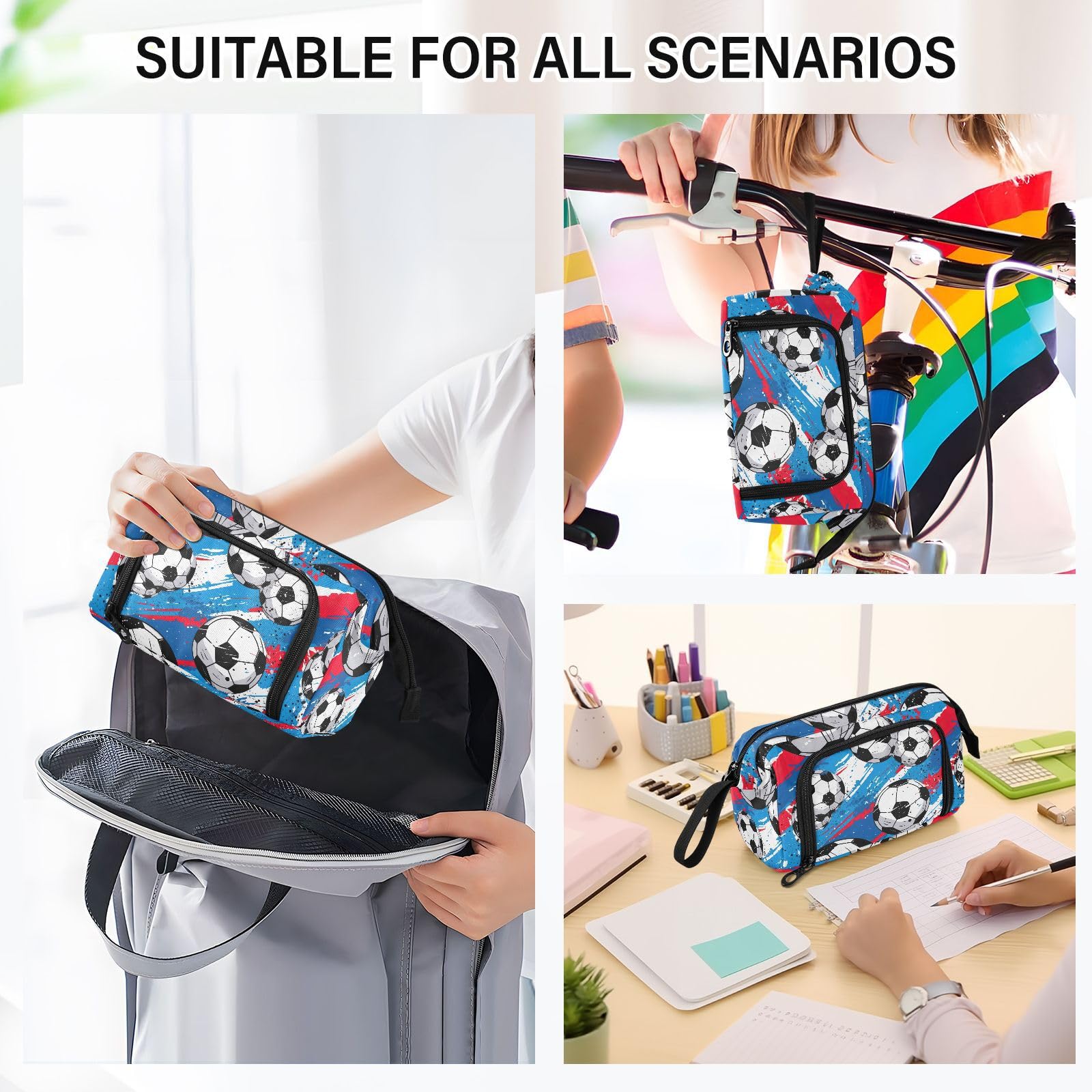 Large Capacity Aesthetic Soccer Football Pencil Case - Red & Blue Pen Bag with Multiple Compartments, Portable School Stationery Organizer for Teens, Boys, Girls & Adults | Perfect for School, Office & Travel Use