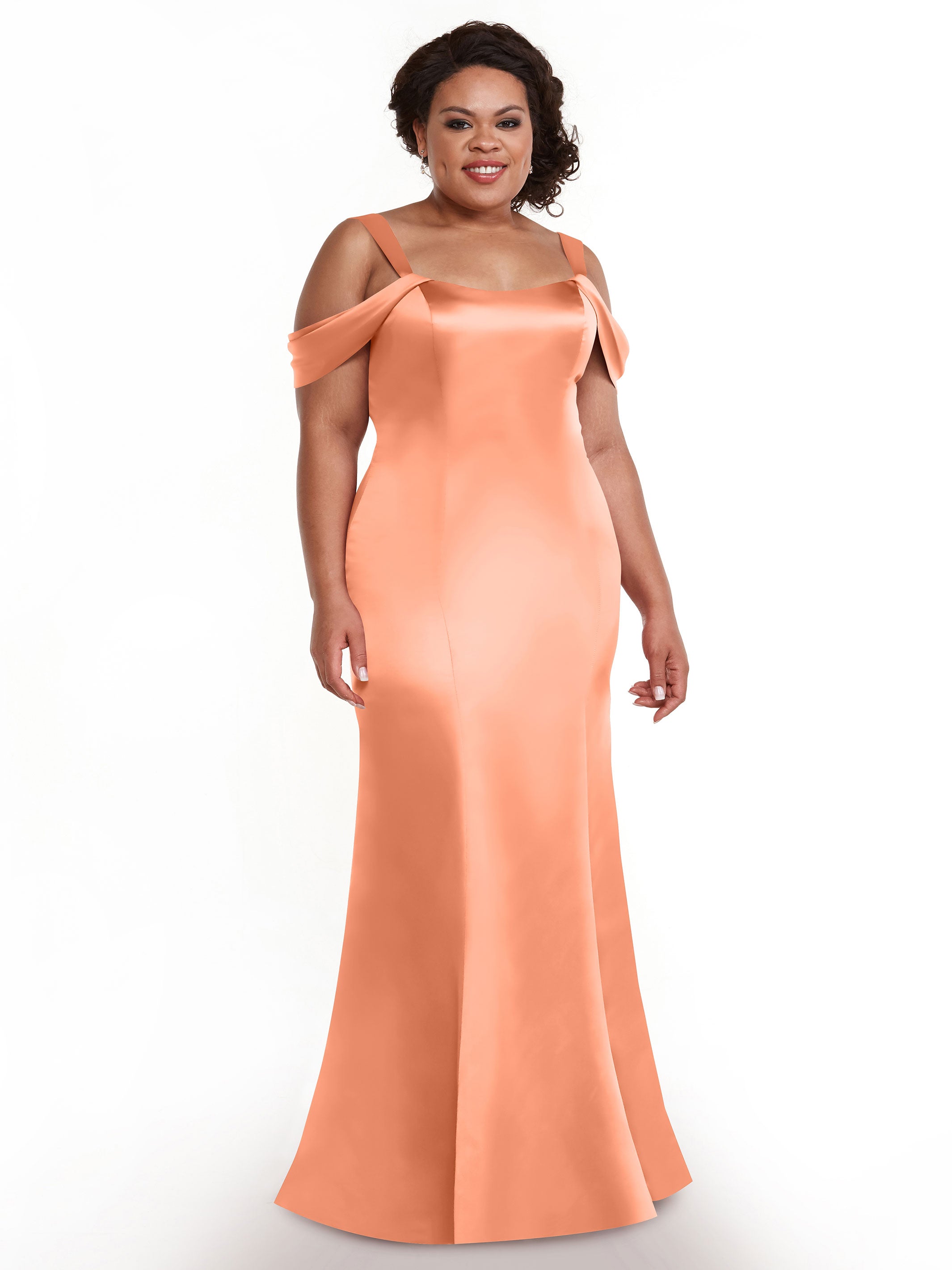 Elegant 80151 Fitted Satin Bridesmaid Dress with Off-The-Shoulder Sleeves - Perfect for Weddings, Formal Events & Special Occasions