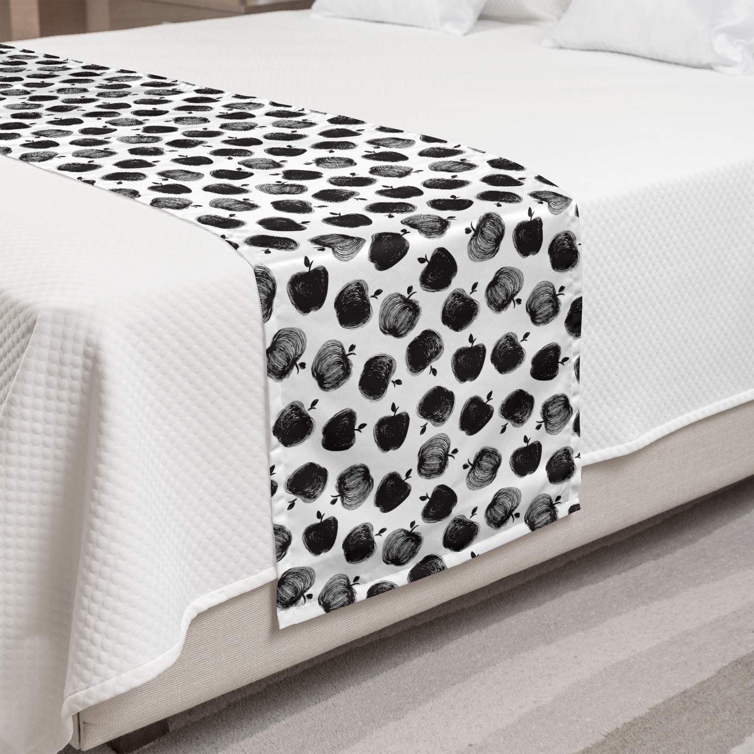 Ambesonne Apples Bed Runner - Hand Drawn Monochrome Fruit Silhouette Design, Decorative Bed Scarf for Hotels, Homes & Guest Rooms - Charcoal Grey & White - Perfect for Farmhouse, Rustic or Modern Bedroom Decor