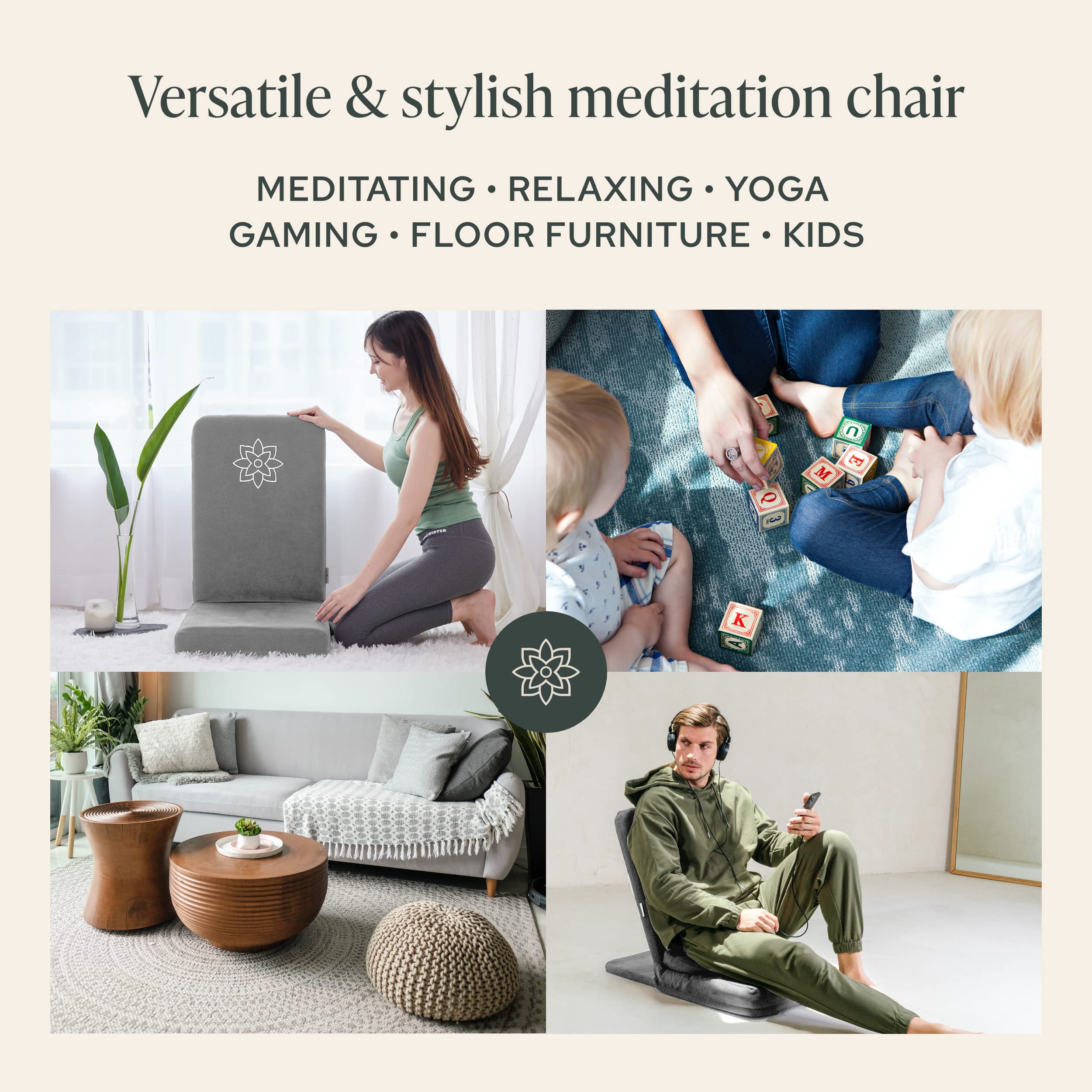 Mindful Modern Folding Meditation Chair with Adjustable Back Support - Half Moon Buckwheat Cushion - Comfortable Floor Seating for Yoga, Zen Meditation & Mindfulness Practice in Living Room or Bedroom