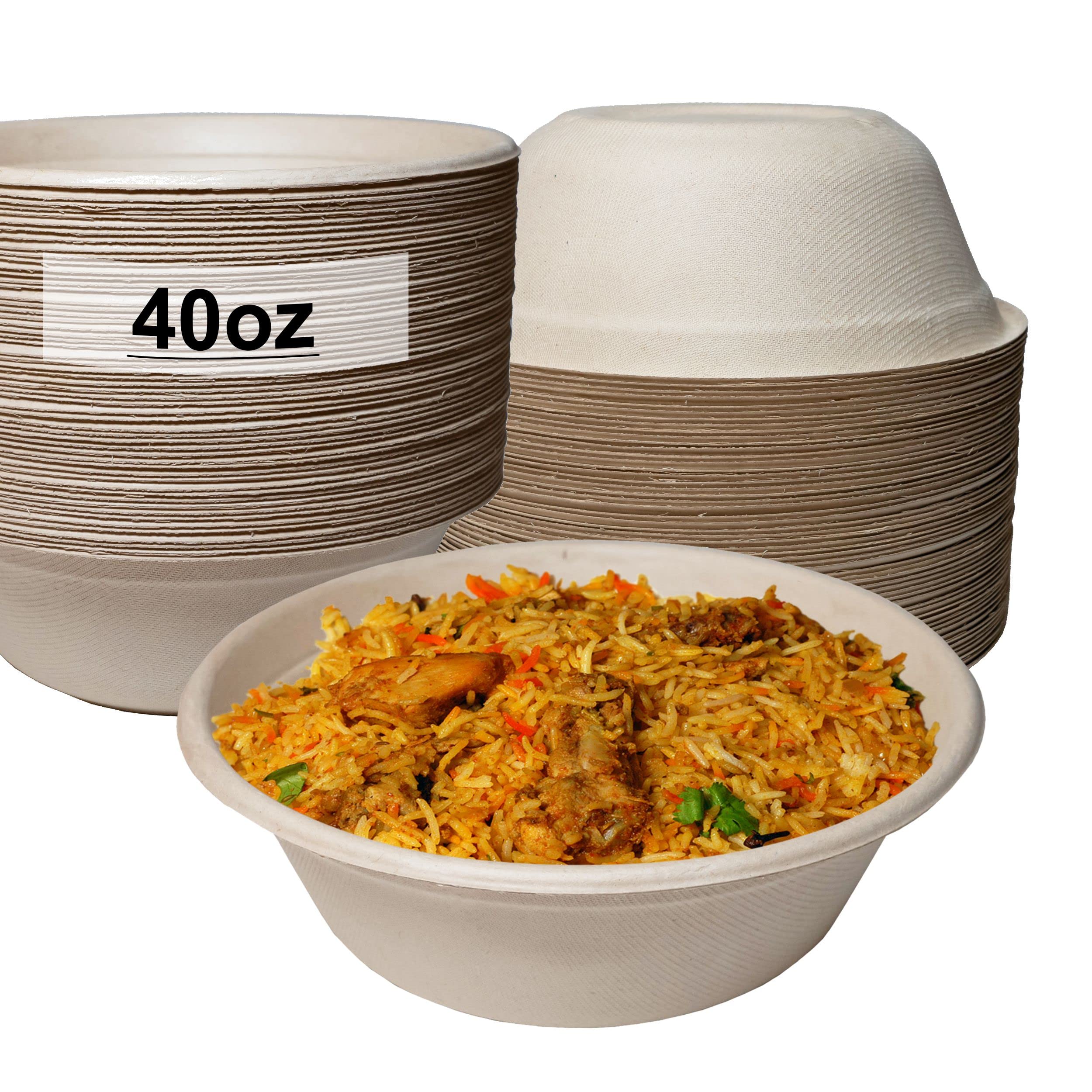 [400 Pack] 40 oz Round Disposable Compostable Paper Bowls - Heavy-Duty Eco-Friendly Natural Bagasse Bowls, Unbleached & Heat Resistant, 100% Biodegradable - Perfect for Salads, Parties, Picnics & Takeout Meals