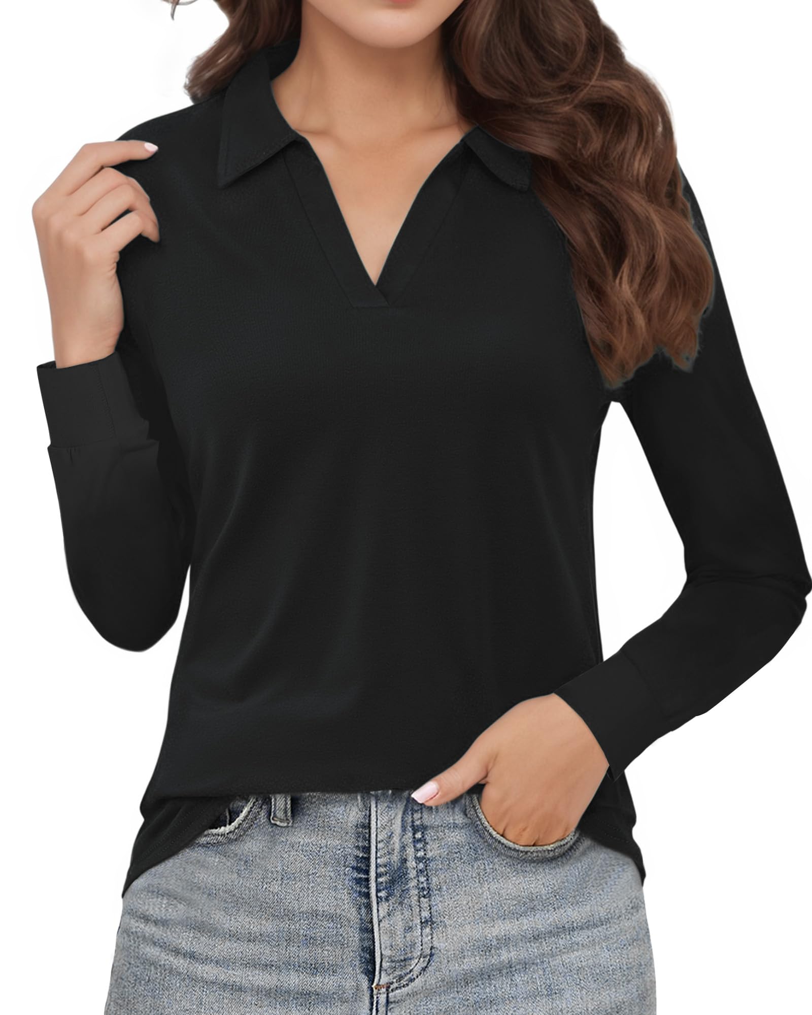 Women's V-Neck Polo Shirts - Business Casual Collared Tunic Tops with Long Sleeves for Office Work & Professional Wear | Perfect for Business Meetings, Office Attire & Smart Casual Outfits