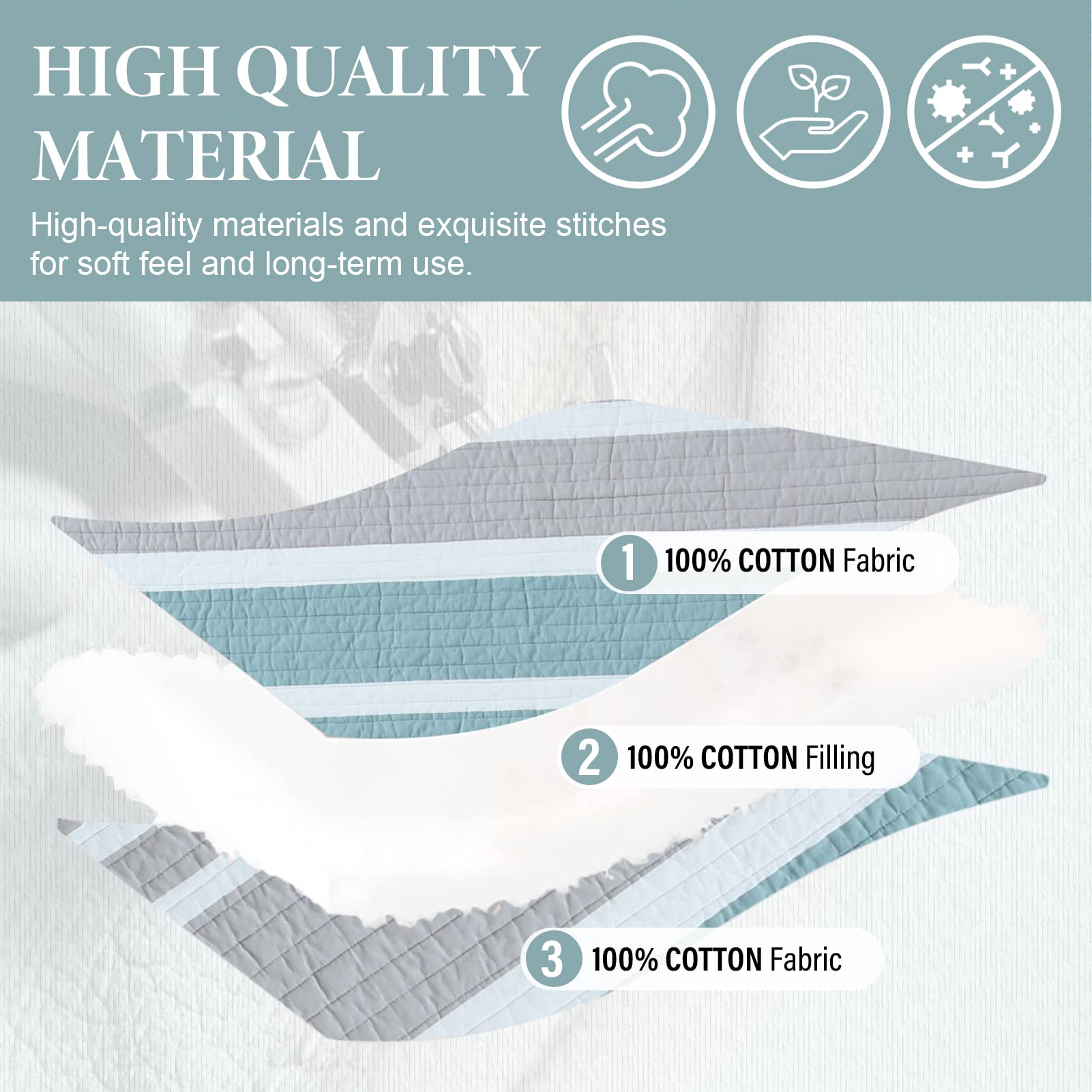 100% Cotton King Size Quilt Set - Lightweight Reversible Striped Bedspread for All Seasons | 3-Piece King Bedding Set in Grayish Green | Perfect for Master Bedroom, Guest Room & Cozy Home Decor