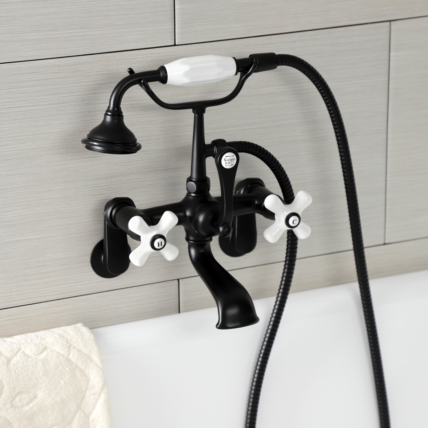 Vintage Matte Black Clawfoot Tub Faucet with Hand Shower - 3 Handle Wall Mount 2 Hole Design for Bathroom & Freestanding Tubs - Perfect for Classic Bathroom Renovations & Spa-Like Showers