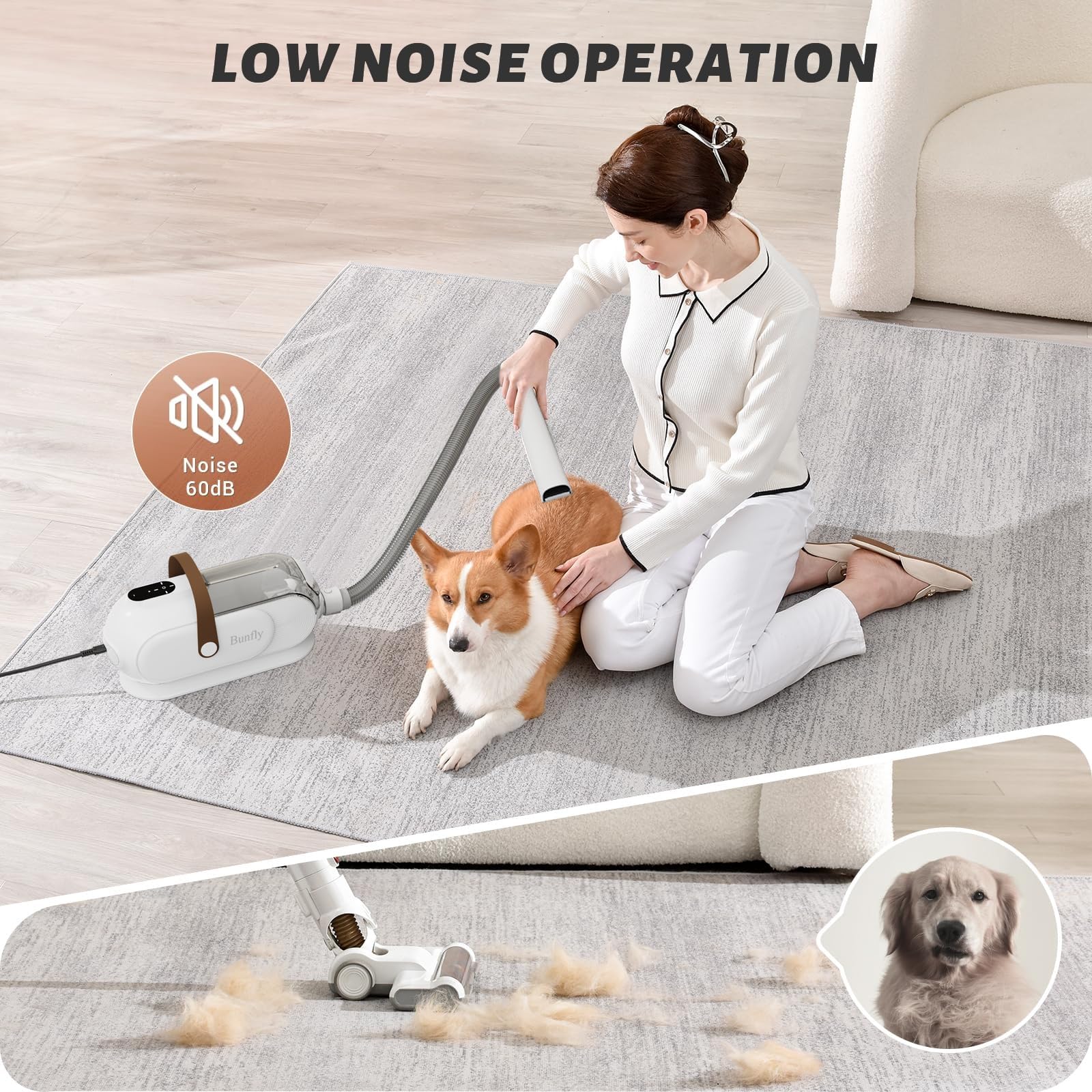 Bunfly Professional Dog Grooming Kit with 3.5L Vacuum - 13000kpa Strong Suction, 99% Pet Hair Removal, 17 Grooming Tools for Shedding Dogs - White | Perfect for Home Pet Grooming & Cleaning Sessions