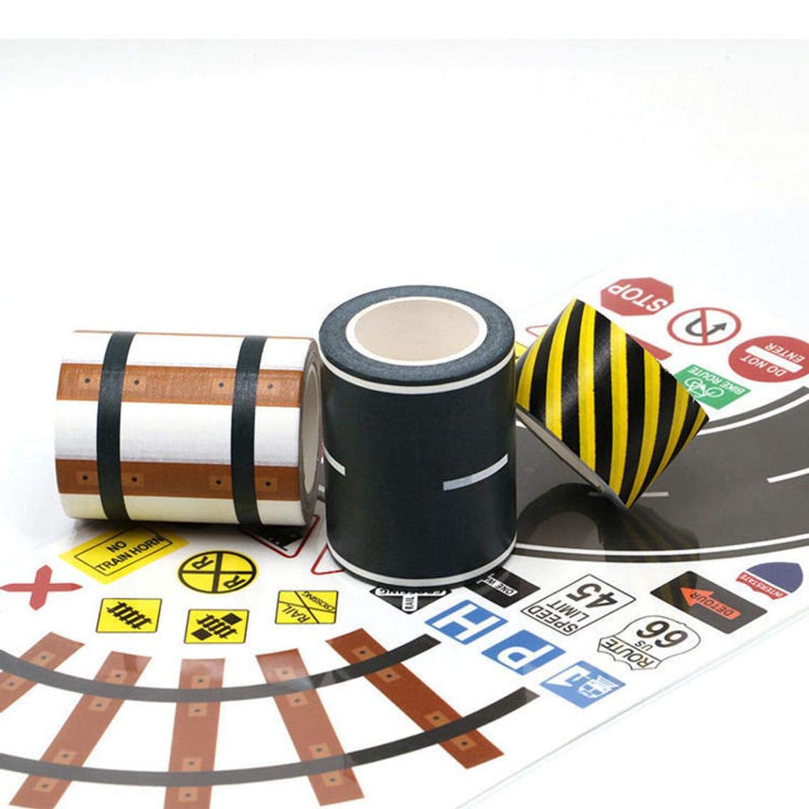 Road & Railway Washi Tape Set with 160 Road Sign Stickers - DIY Scrapbooking, Journaling, Planner Decoration for Kids & Adults - Perfect for Craft Projects, Bullet Journals, and School Supplies