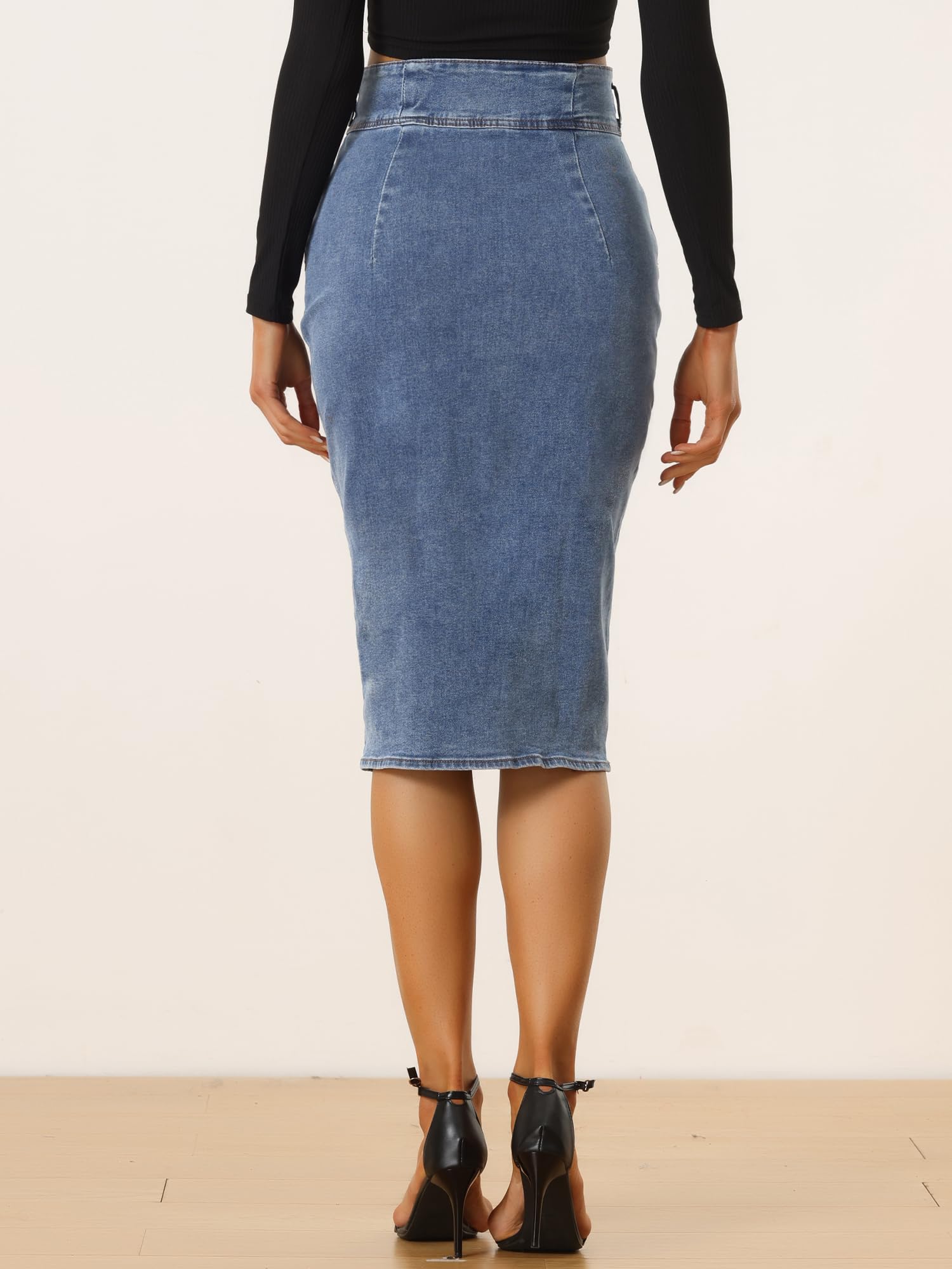 Allegra K Women's High Waist Denim Pencil Skirt - Casual Midi Length with Split Hem | Perfect for Office, Date Night & Summer Outfits
