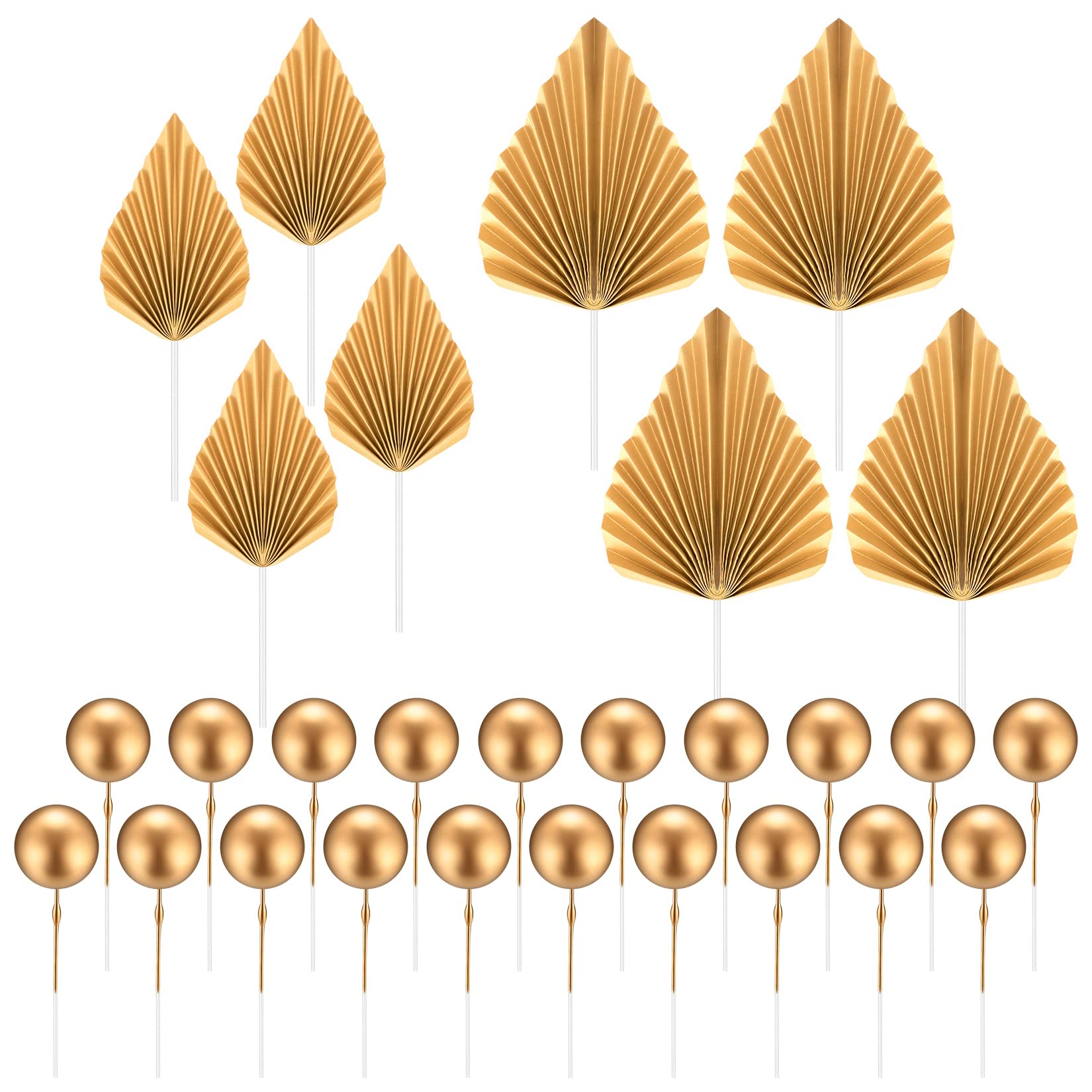 28 Pcs Gold Cake Topper Decorations Set - 8 Palm Fan & 20 Round Ball Cake Inserts for Birthday, Wedding, Baby Shower - Elegant Palm Leaf Cupcake Toppers for Party, Anniversary & Special Events Decor