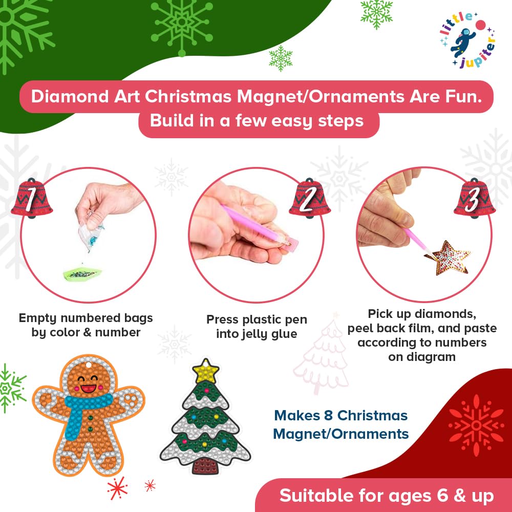 DIY Magnet & Diamond Diamond Painting Christmas Ornaments Kit for Kids - Make 8 Unique Holiday Decorations - Fun Arts & Crafts Activity for Children - Perfect for Holiday Gifts, Classroom Projects & Family Bonding Time
