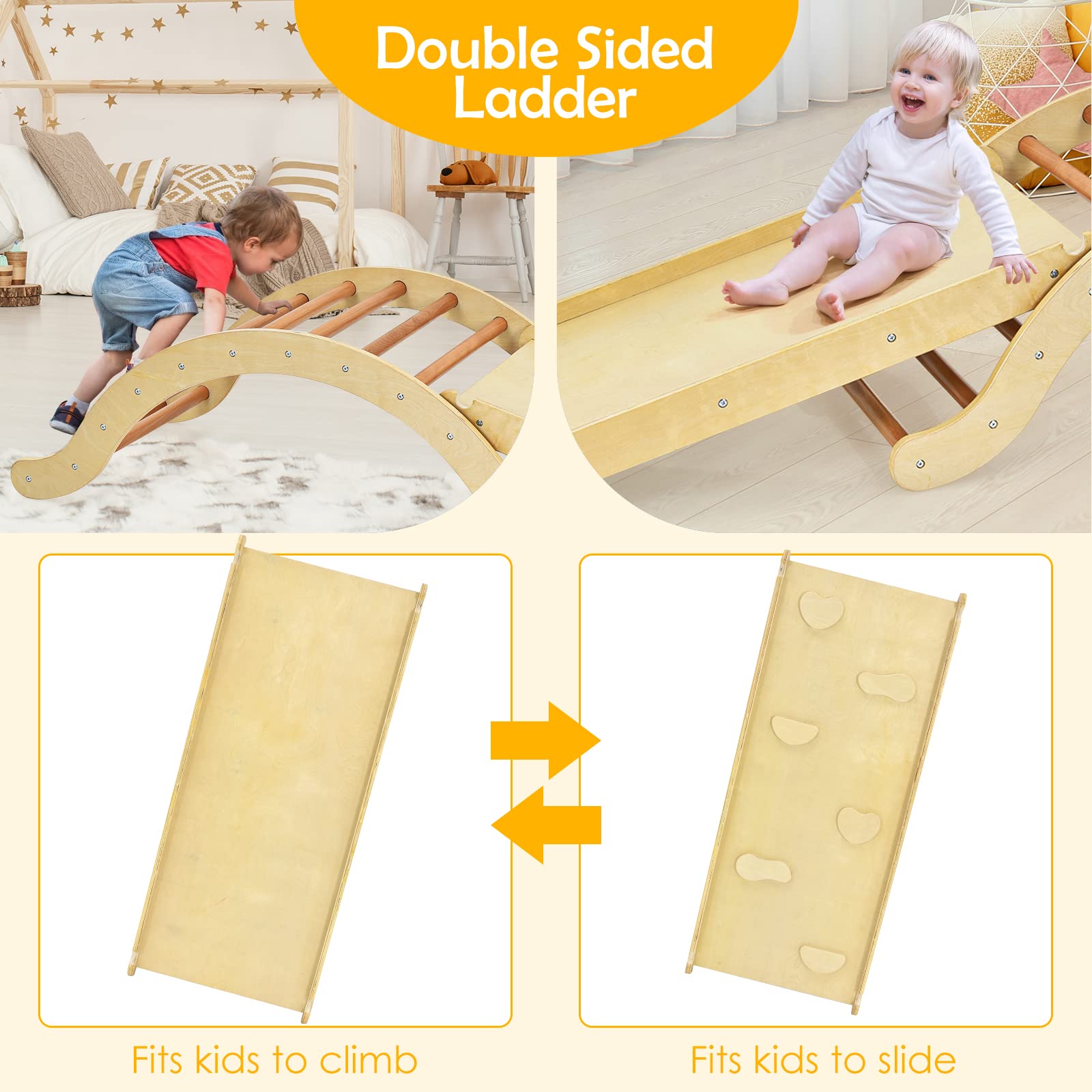 Costzon 3-in-1 Montessori Wooden Climber Set for Toddlers - Indoor Play Gym with Arch Climber, Rock Ramp & Padding - Kids Learning Toys for Home Playroom & Backyard - Perfect Birthday Gift for 1-3 Year Olds