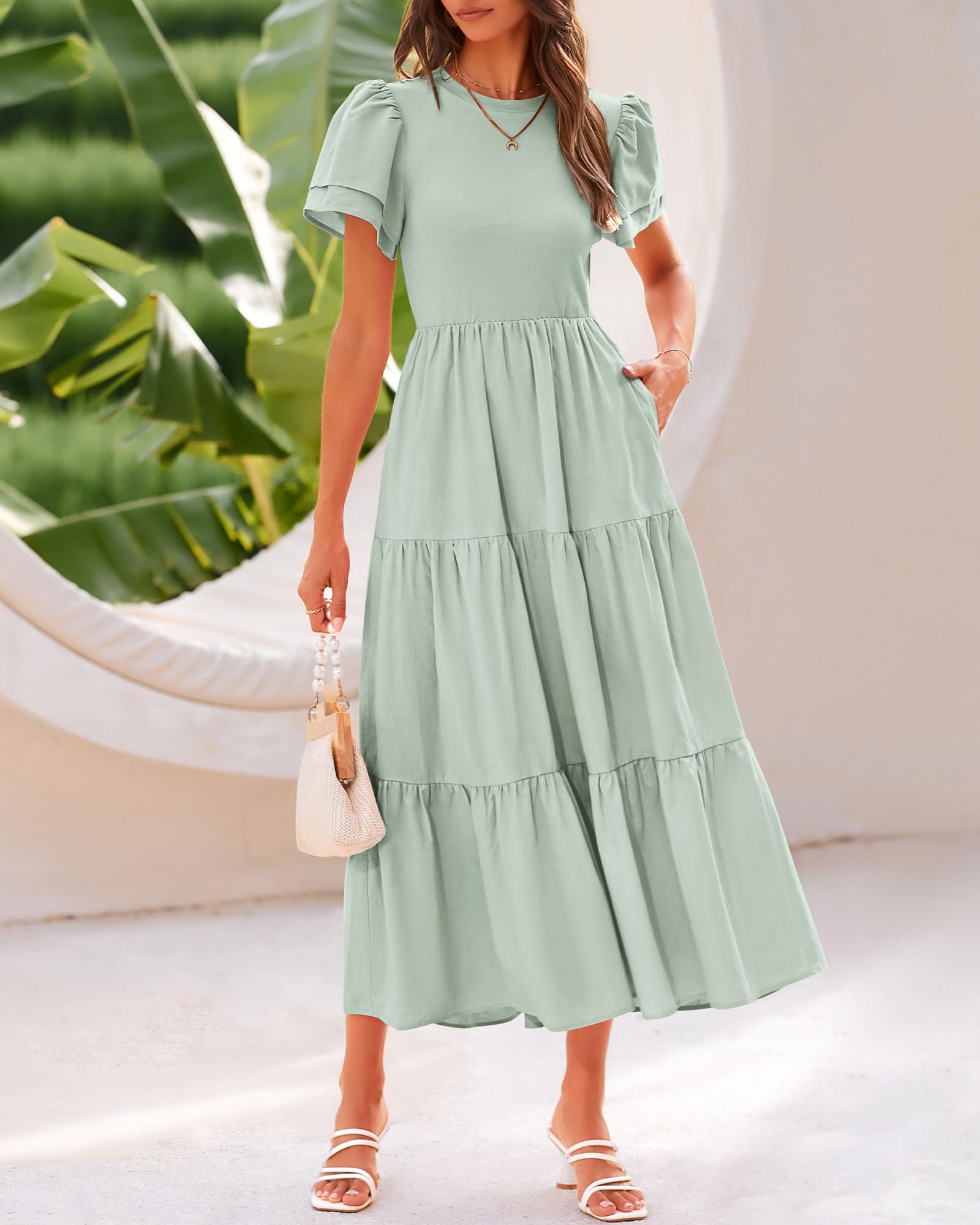 BTFBM Women's Casual Summer Maxi Dress 2025 - Boho Flowy Tiered Beach Dress with Pockets, Crewneck Short Sleeve for Spring & Summer Vacations | Perfect for Beach Outings, Music Festivals & Casual Daywear
