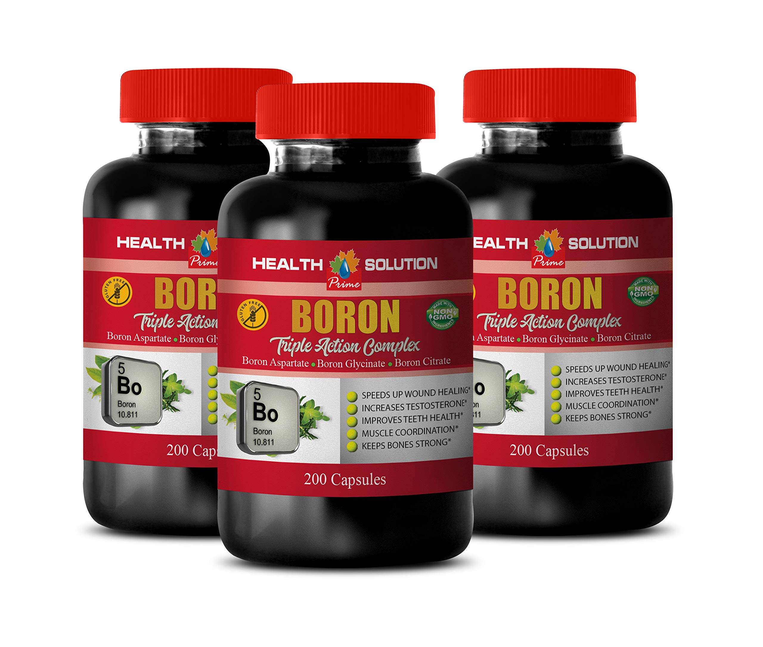 Boron Triple Action Complex Supplement - Brain & Memory Support, Testosterone Booster, Non-GMO Muscle Builder - 600 Capsules (3 Bottles) for Men's Health & Fitness