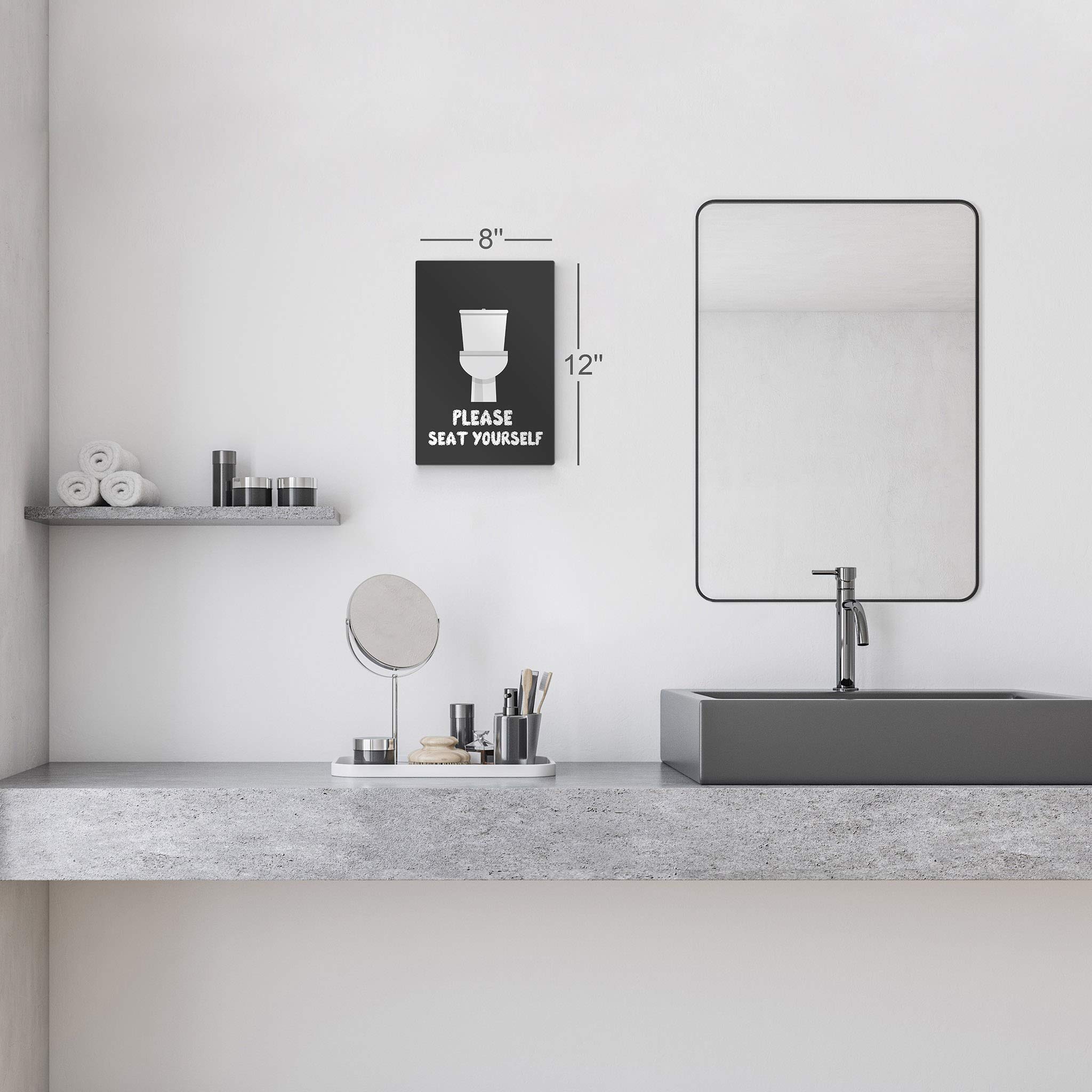 Funny Bathroom Sign - 'Please Seat Yourself' Metal Print Wall Art | 24x16 Inches | Ready to Hang Bathroom Decor | Humorous Toilet Wall Art for Home Decoration | Made in USA | Perfect for Powder Rooms, Guest Baths & Home Decor Gifts