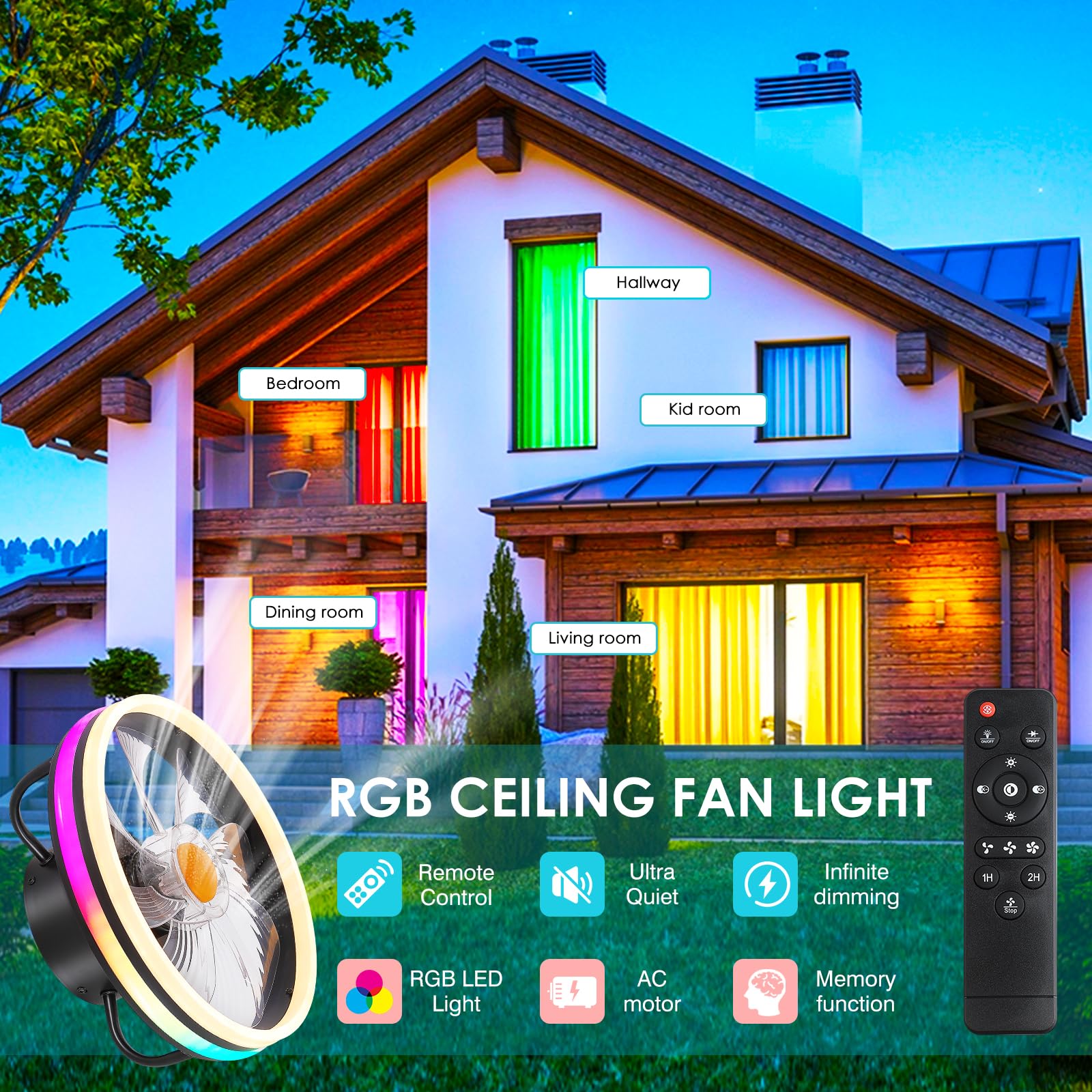 Modern Flush Mount Ceiling Fan with RGB Dimmable LED Light - 13