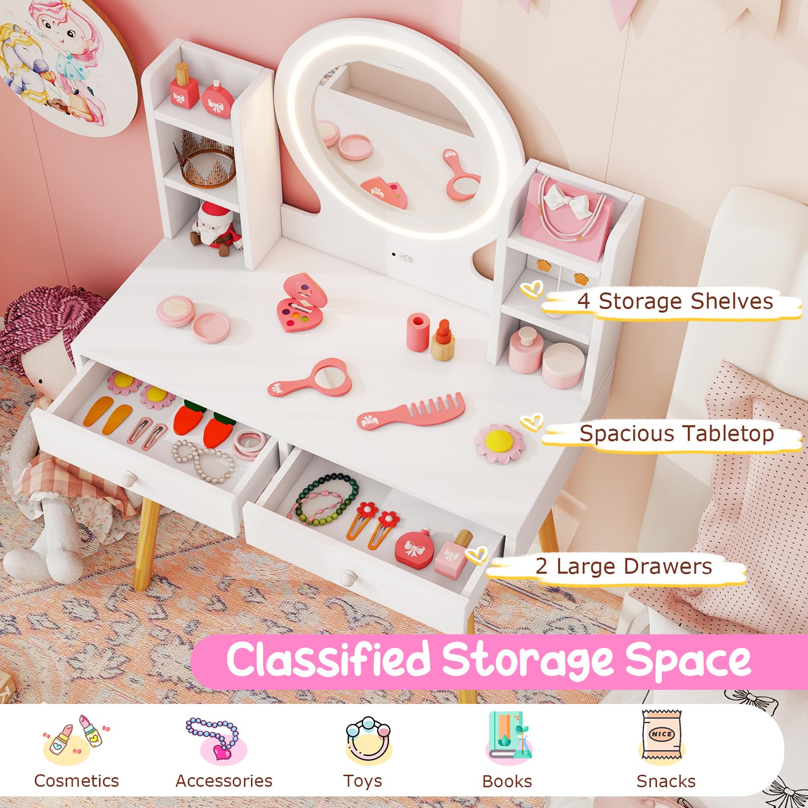 Costzon Kids Vanity Set with Mirror, Stool & LED Lights - Wooden Toddler Makeup Dressing Table with Storage Drawers & Shelves - Pretend Play Vanity Desk & Chair for Girls (White) - Perfect for Birthday Gifts, Bedroom Decor & Role Play Activities
