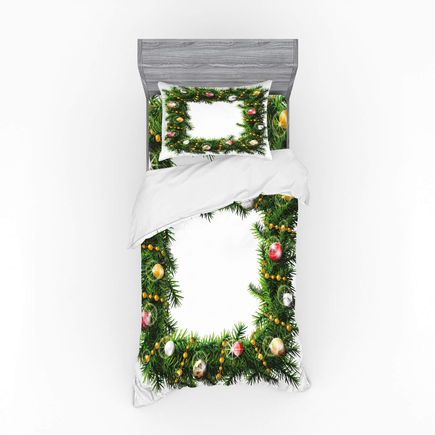 Ambesonne Christmas Duvet Cover Set - Square Wreath with Beads & Balls Holiday Design, 3-Piece Bedding Set with Pillow Sham & Fitted Sheet, Twin Size, Multicolor | Perfect for Winter Celebrations, Guest Rooms & Festive Home Decor