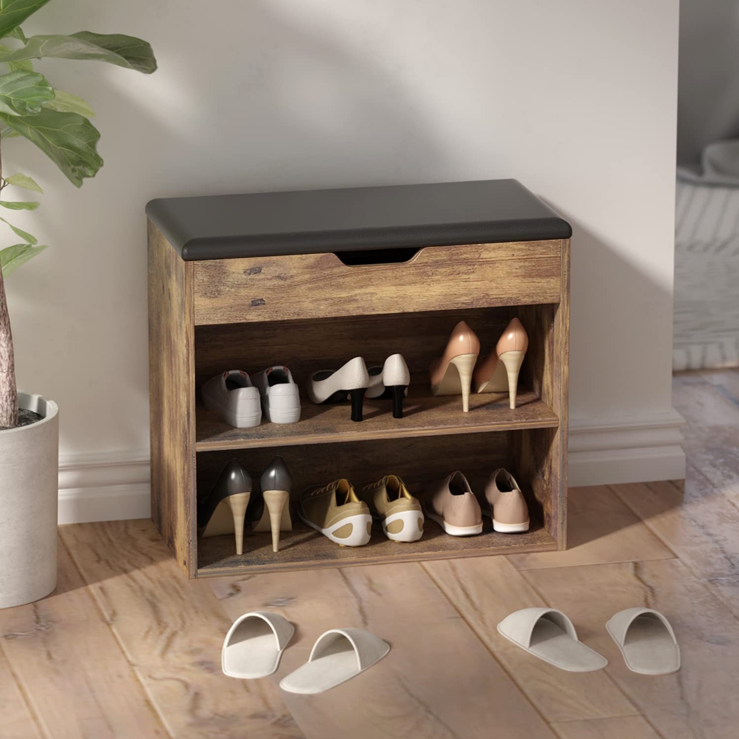 Homsee Wooden Shoe Rack Bench with Cushioned Seat & Hidden Storage - Entryway Organizer with 2 Shelves, Rustic Brown (24”L x 12”W x 21.2”H) - Perfect for Small Spaces, Hallway, Mudroom & Home Entry Storage Solution