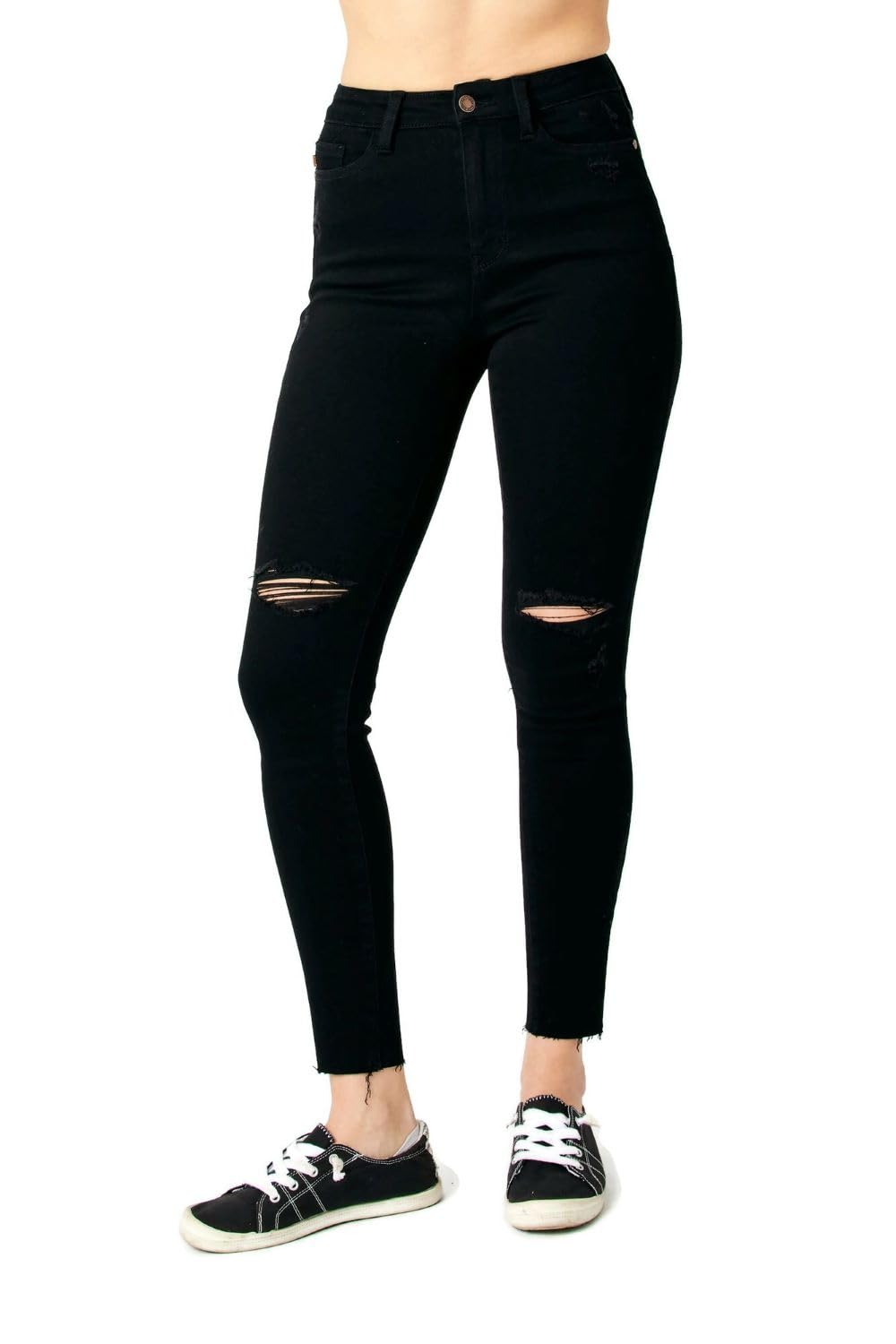 Judy Blue Women's Black Distressed Raw Hem High Rise Ankle Skinny Jeans | Trendy Stretch Denim Pants for Casual Wear & Night Out