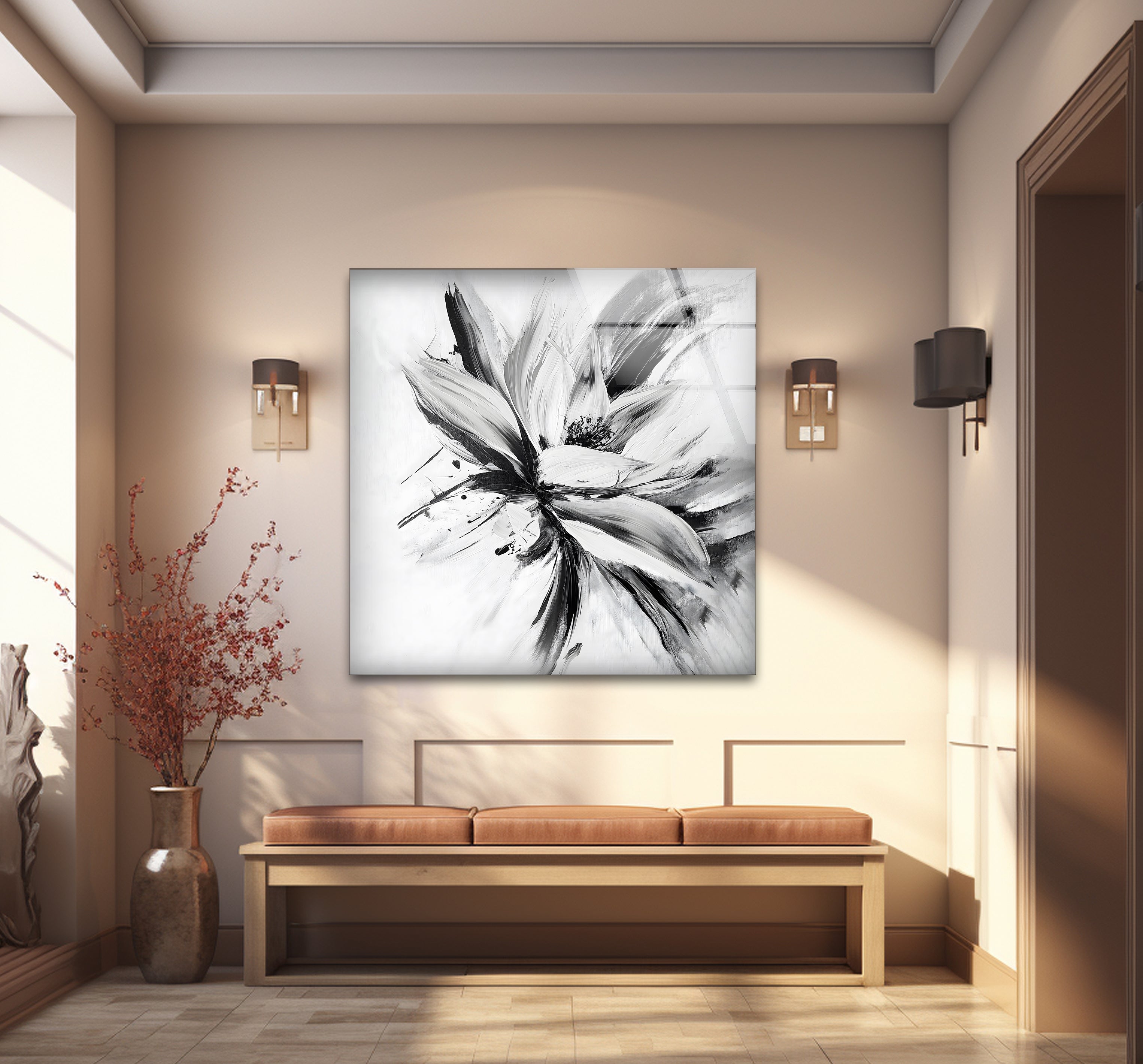 Modern Black and White Abstract Floral Glass Wall Art - Elegant Home Decor for Living Room, Bedroom & Office