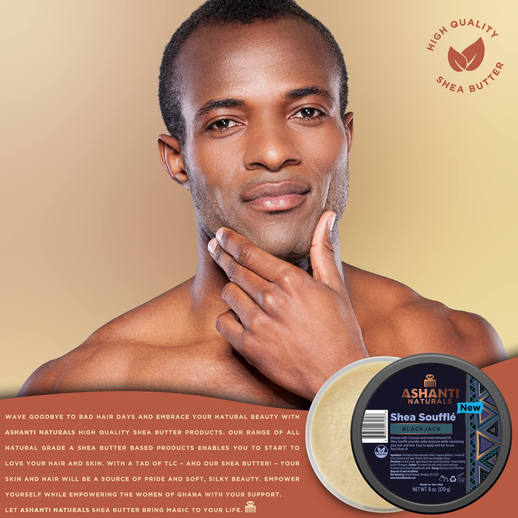 Organic Whipped Shea Butter for Men - African Body Butter with Coconut & Almond Oil | Deep Moisturizing & Nourishing Skin Care | Blackjack Souffle Scent | 8 oz Jar | Perfect for Dry Skin, After Shave & Tattoo Care