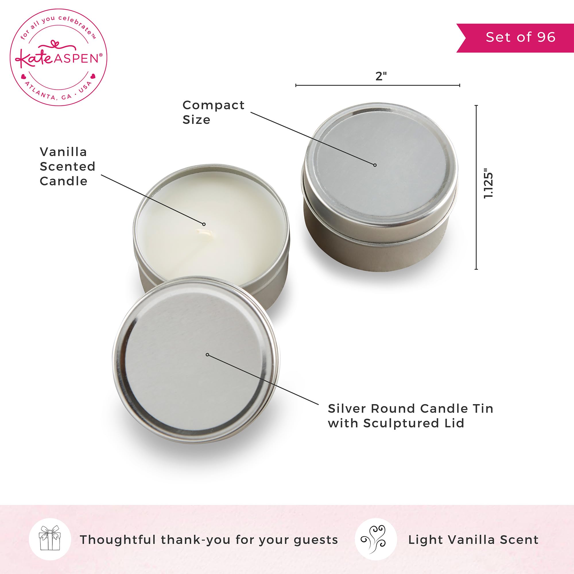 Kate Aspen Travel Size Vanilla Scented Candle Tins with Lids (Set of 96) - Perfect for Bridal Showers, Wedding Favors & Bridesmaid Gifts | Aromatic Home Decor, Romantic Ambiance & Thoughtful Party Favors