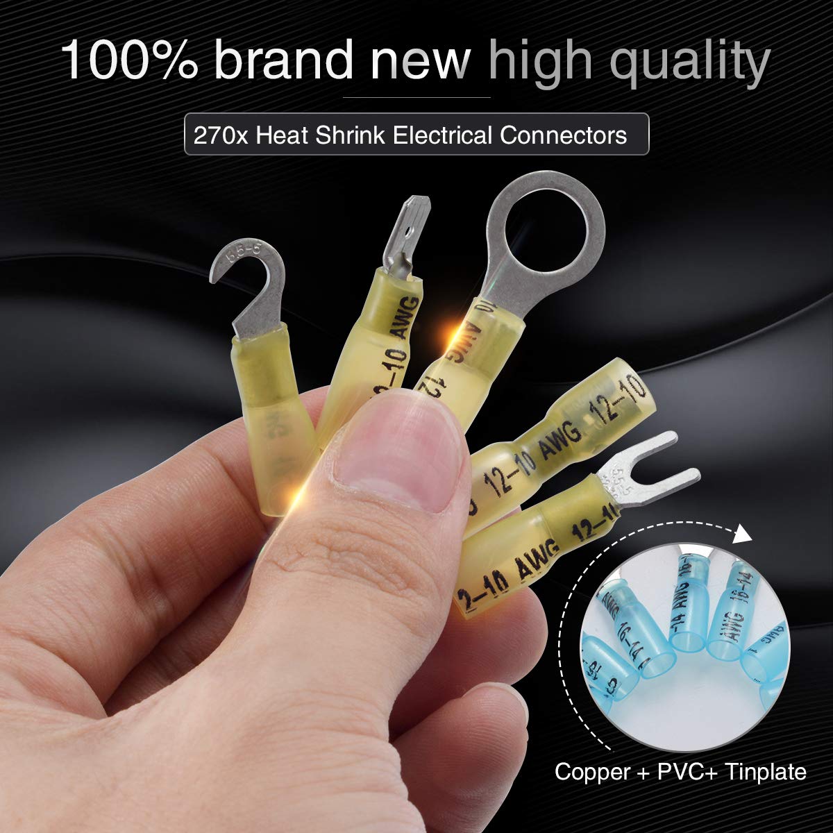 KATUR 270pcs Heat Shrink Wire Connector Kit - Waterproof Insulated Electrical Crimp Connectors with Spade, Ring & Butt Terminals (Red/Blue/Yellow, Various Sizes) for Automotive, Marine & Home Wiring Projects