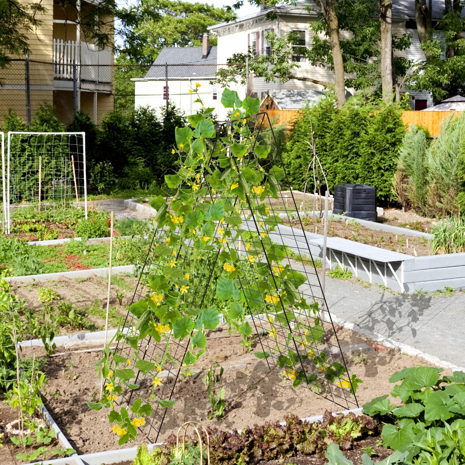 48 x 34 Inch Foldable A-Shape Cucumber Trellis for Garden - 8 PCS Plant Support with 18 Clips, 16 Stakes, 8 Spiral Connectors, 12 Cable Ties - Perfect for Climbing Plants, Vegetables, and Vines in Outdoor Gardens, Backyards, and Greenhouses