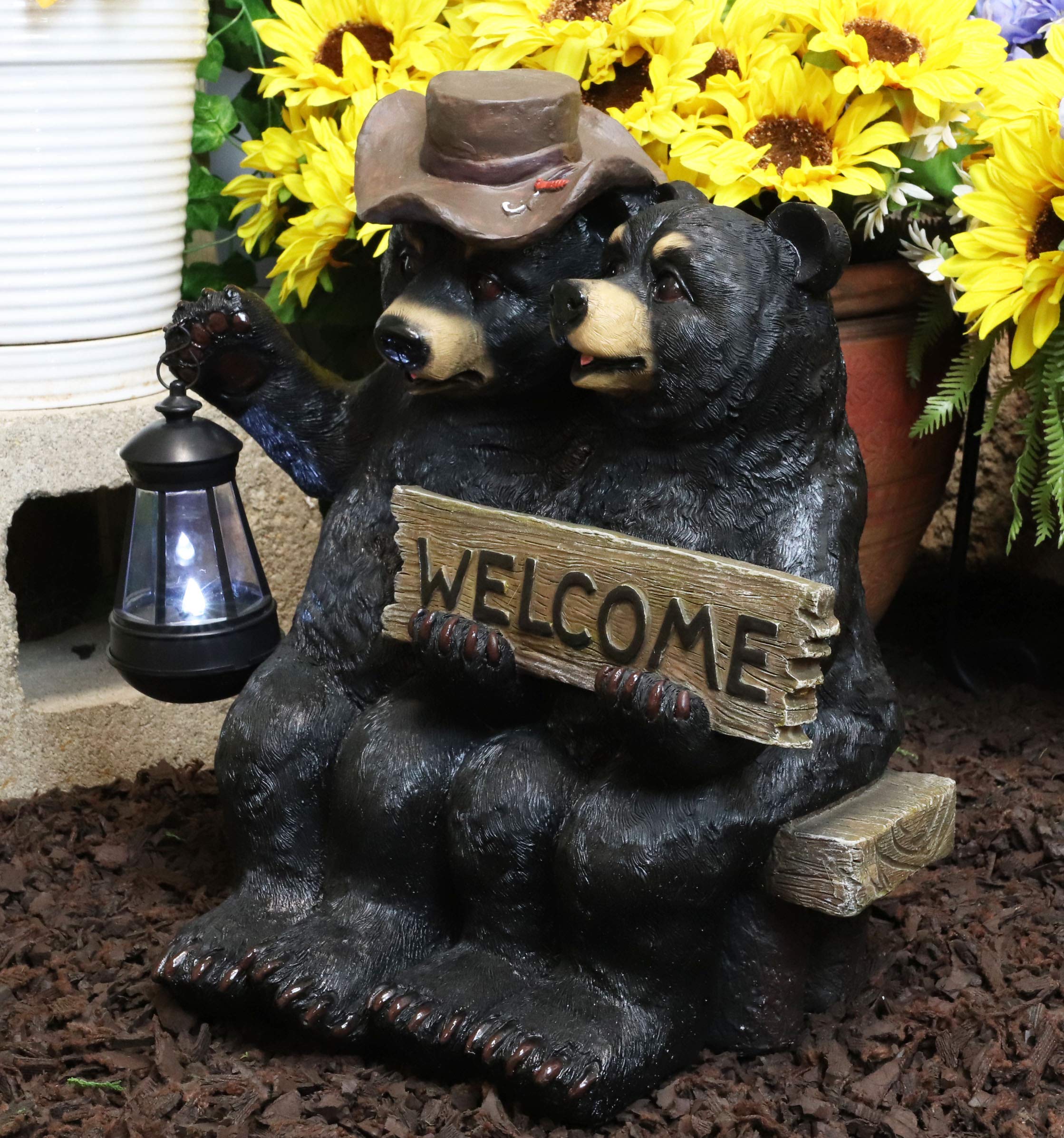 Ebros Rustic Forest Black Bear Couple Statue with Solar LED Lantern - Valentine's Garden Decor for Pathways, Parks & Outdoor Spaces