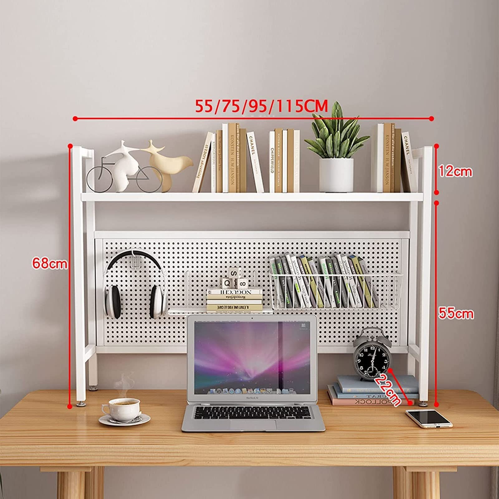 2-Tier Wrought Iron Desktop Bookshelf - Adjustable Office Organizer with Perforated Board, Industrial Style Computer Desk Shelf for Home & Office Storage - Perfect for Books, Plants & Decor (White)