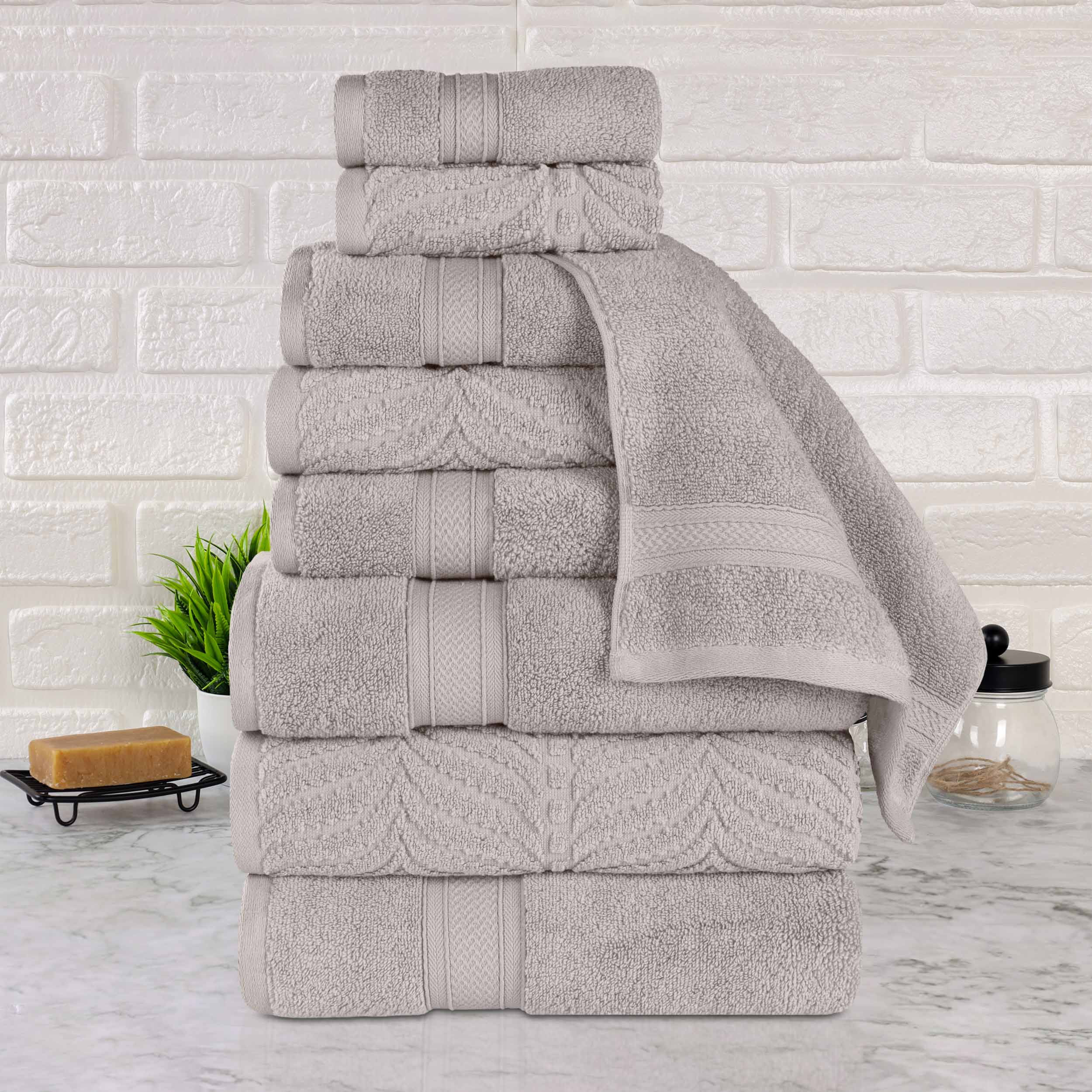 Premium 9-Piece Zero Twist Cotton Towel Set - Solid & Jacquard Elegant Chevron Design for Bath, Spa, and Luxury Home Decor