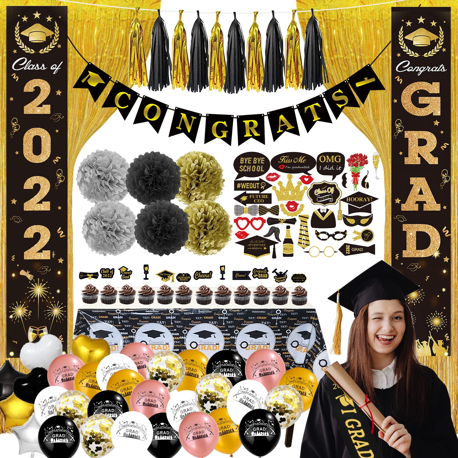 2022 Gold & Black Graduation Party Decorations Kit - 96Pcs Graduation Supplies with Paper Tassel Banner, Balloons & Foil Fringe Curtains | Perfect for High School, College Graduation Ceremony & Celebration Party Decor